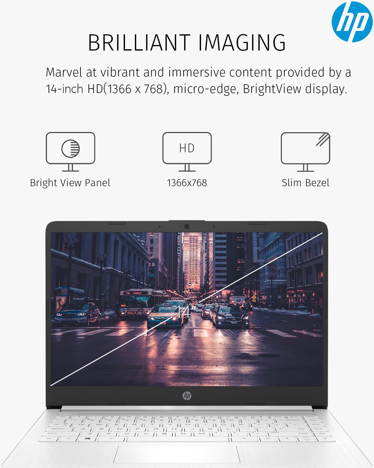 HP 14-inch Thin & Light Laptop for Students - Intel Processor, 8GB RAM, 64GB eMMC + 128GB SD Card, Windows 11, 1 Year Microsoft Office, Webcam, Long Battery Life (White) - Perfect for College, Online Classes & Remote Work