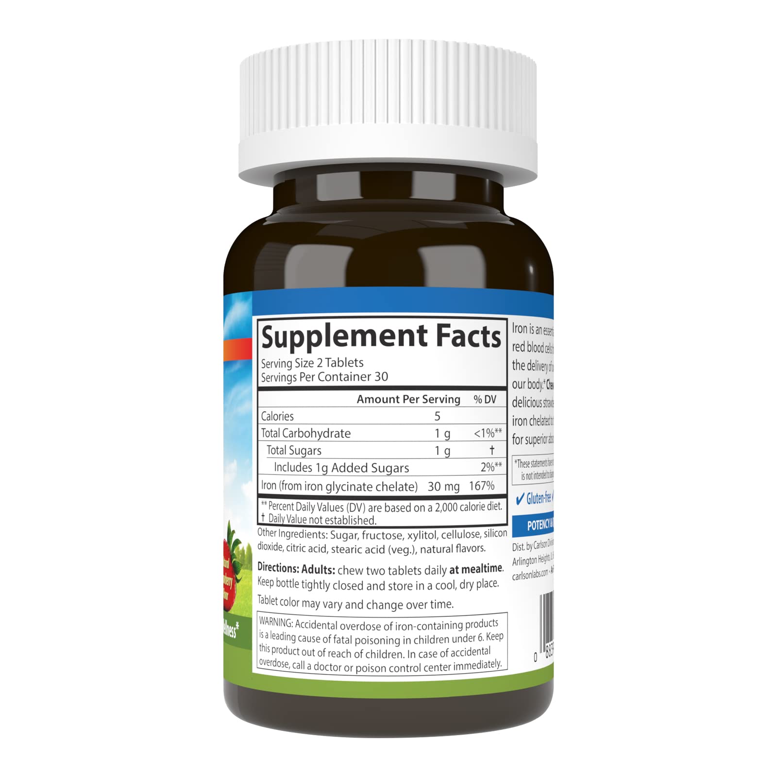Carlson Labs Kids Chewable Iron Supplement - 15mg per Serving, Strawberry Flavor, 60 Tablets - Supports Healthy Energy & Immune System for Children - Perfect for Picky Eaters & Active Kids