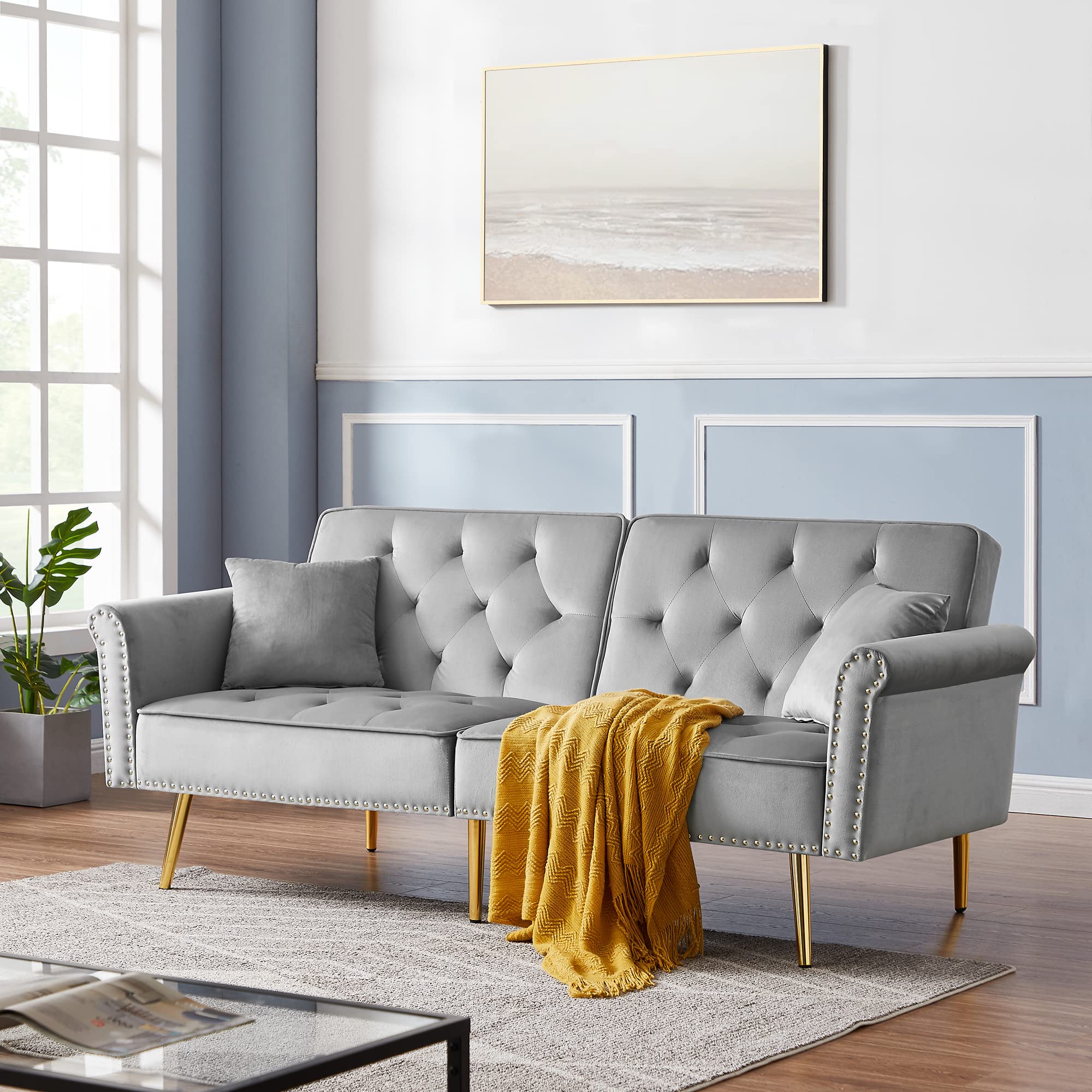 Velvet Tufted Convertible Futon Sofa Bed with 2 Pillows, Nailhead Trim & Metal Legs - Small Sleeper Couch for Bedroom, Living Room, Apartment - Grey with Gold Accents - Perfect for Guest Rooms, Small Spaces & Studio Apartments