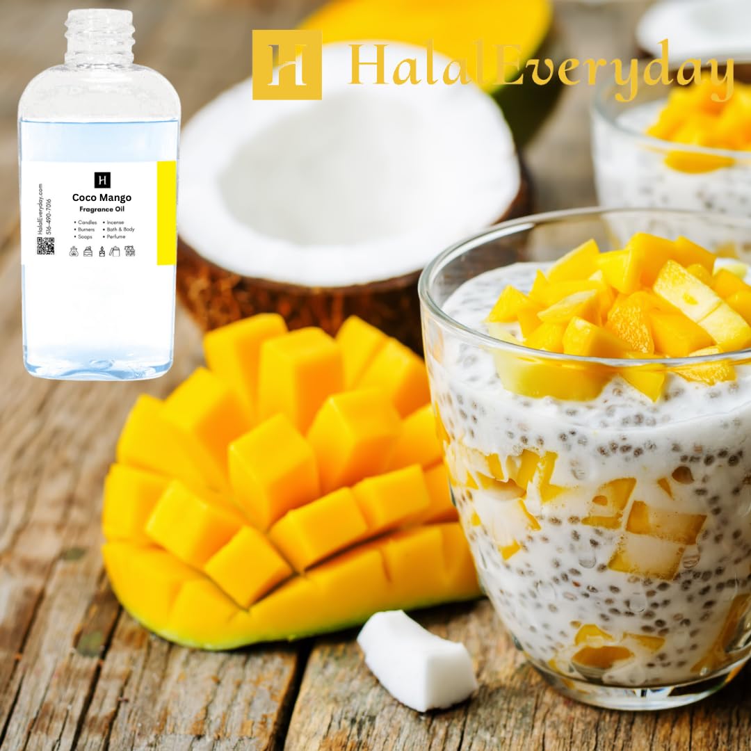 Halal Everyday Fragrance Oil - Pure & Uncut for DIY Soap Making, Candle Warmers, Incense, Body Oil & Perfume - Coco Mango Scent (2 oz) - Perfect for Aromatherapy, Home Scenting & Handmade Gifts