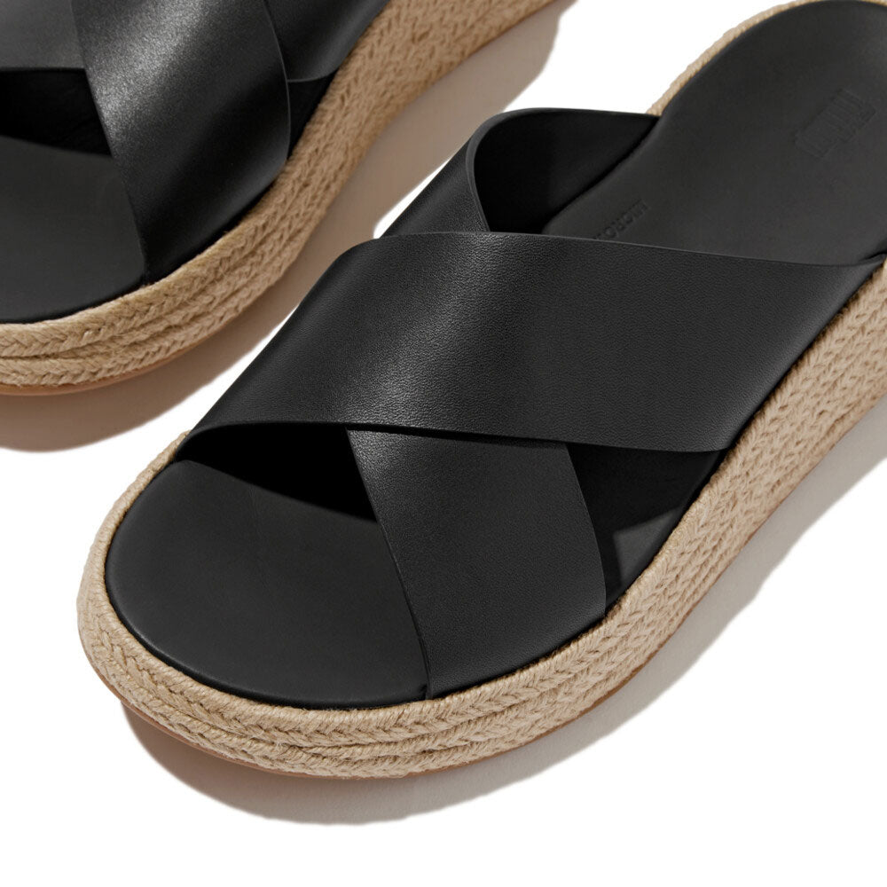 FitFlop F Mode Espadrille Leather Flatform Sandals for Women - Comfortable Black Summer Wedge Sandals | Perfect for Beach, Vacation & Casual Outings