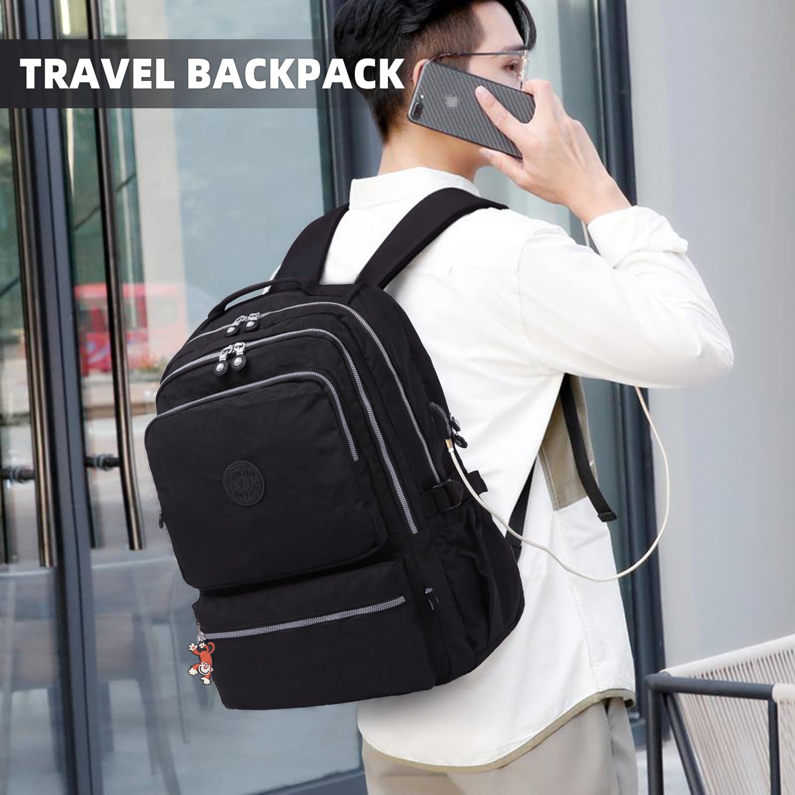 Multi-Function Black Nylon Backpack for College, School & Travel - Laptop Backpack for Men & Women with USB Charging Port - Perfect for Work, Business, Hiking & Daily Use