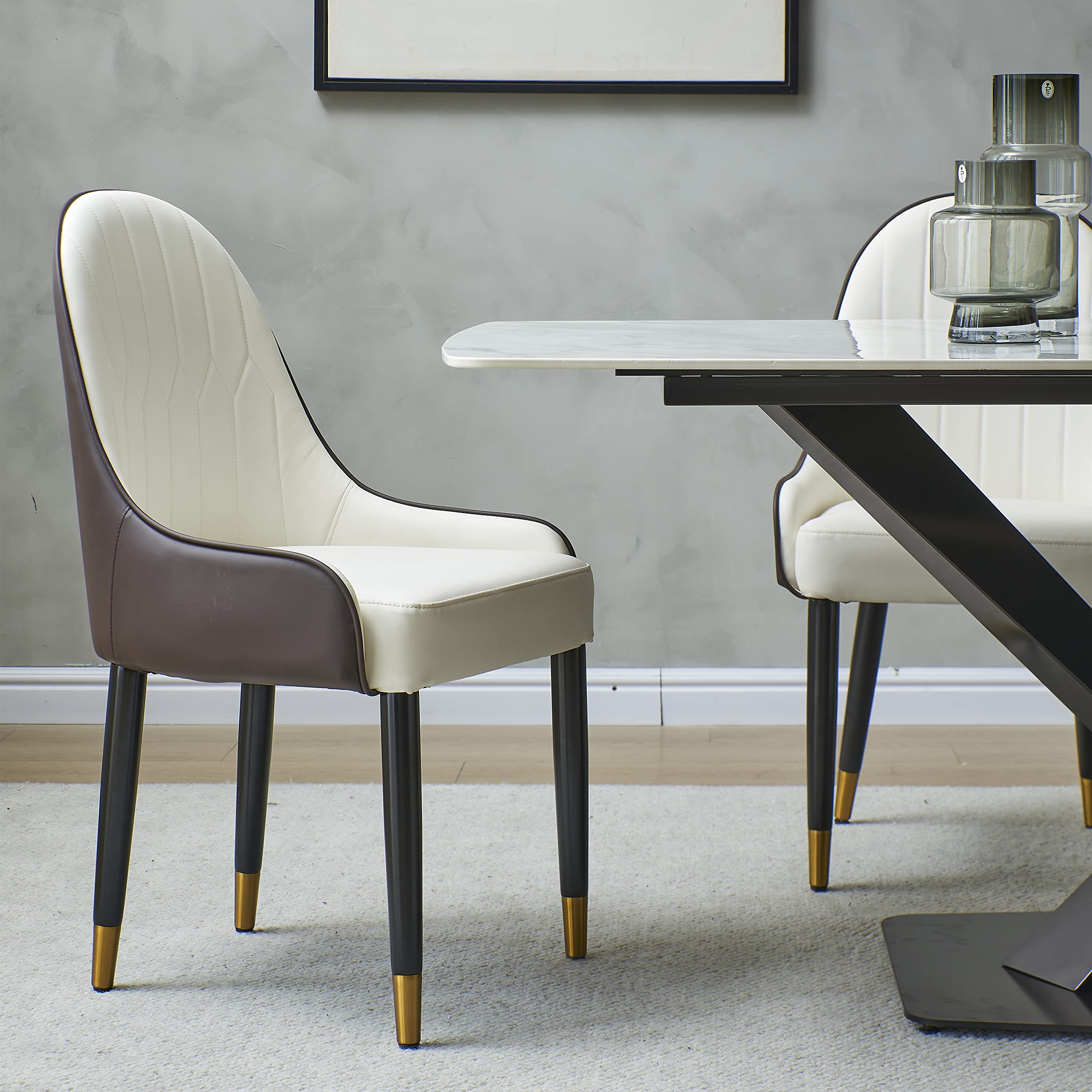 Mid Century Modern Dining Chairs Set of 2 - Brown & White Leather Upholstery with Solid Metal Legs & Ergonomic Backrest - Perfect for Dining Room, Kitchen, Living Room & Home Office