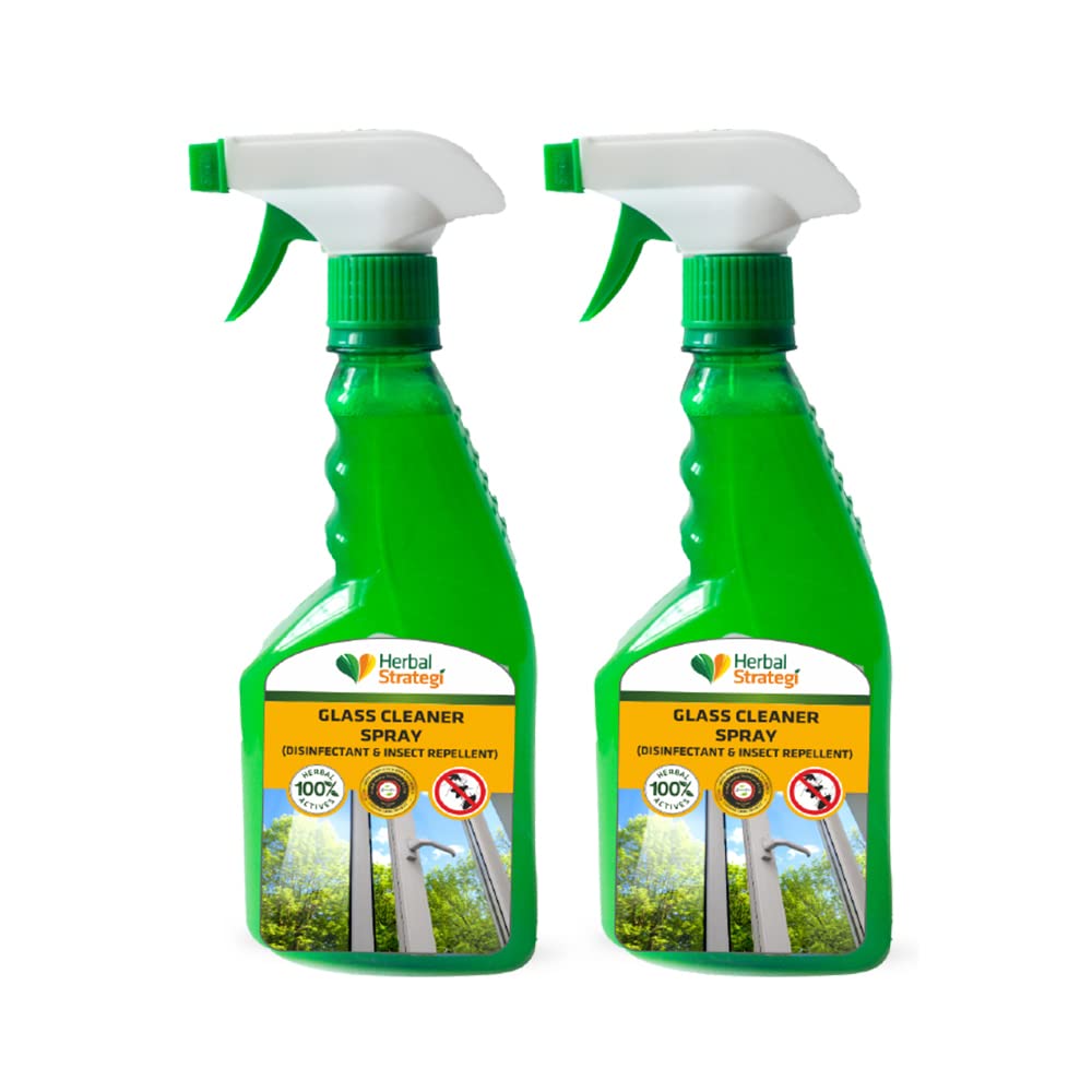 Herbal Strategi Glass Cleaner Spray with Lemongrass, Bhutika Oil, Devadaru Oil & Sarala Oil - 500ml (Pack of 2) | Streak-Free, Natural Cleaning for Windows, Mirrors & Glass Surfaces | Eco-Friendly Home & Office Cleaning Solution