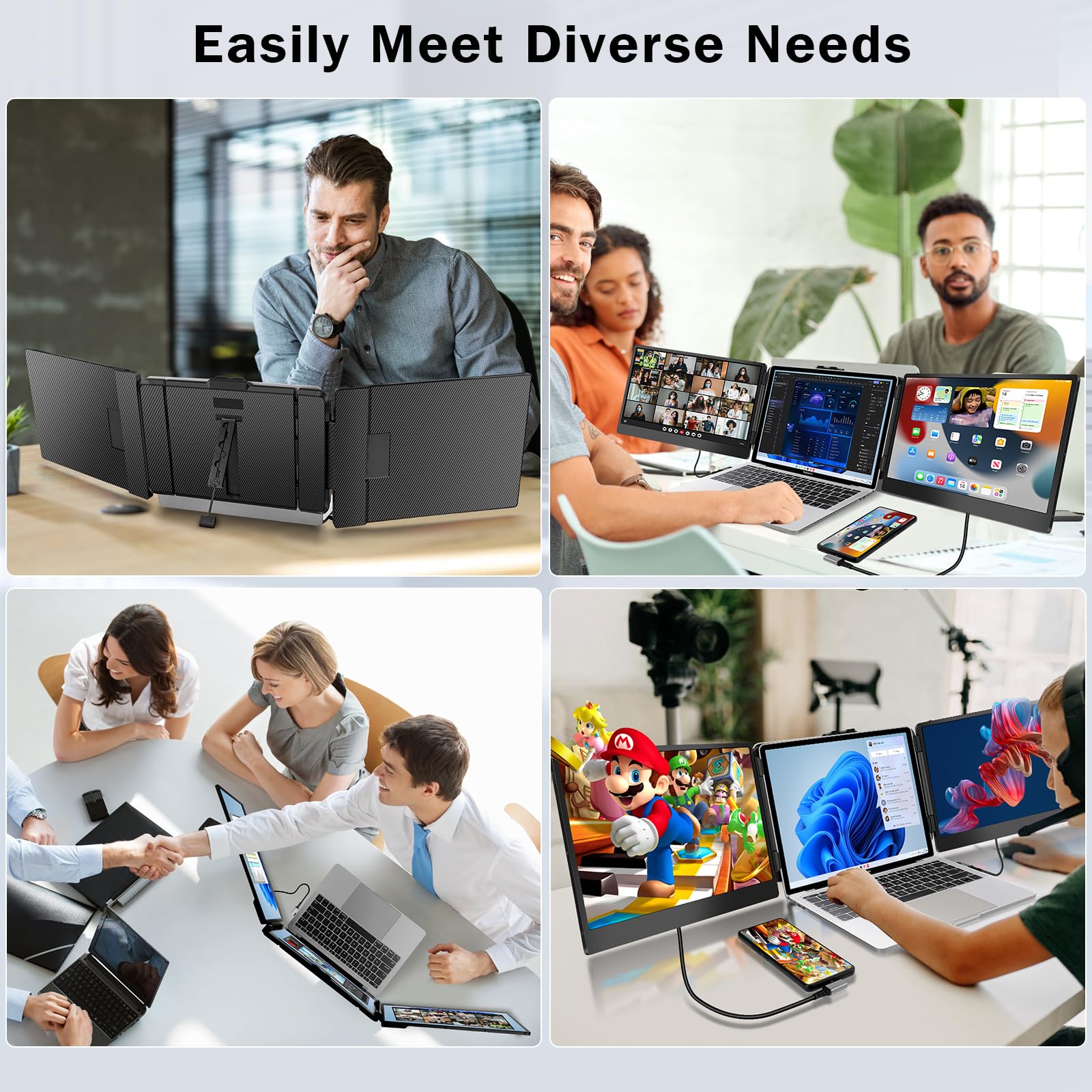 14 Inch Triple Portable Laptop Monitor Extender - 1080p FHD IPS Screen, Plug & Play USB-C/HDMI for Windows & Mac (13-17.3 Inch) - Perfect for Multi-Tasking, Gaming & Office Work