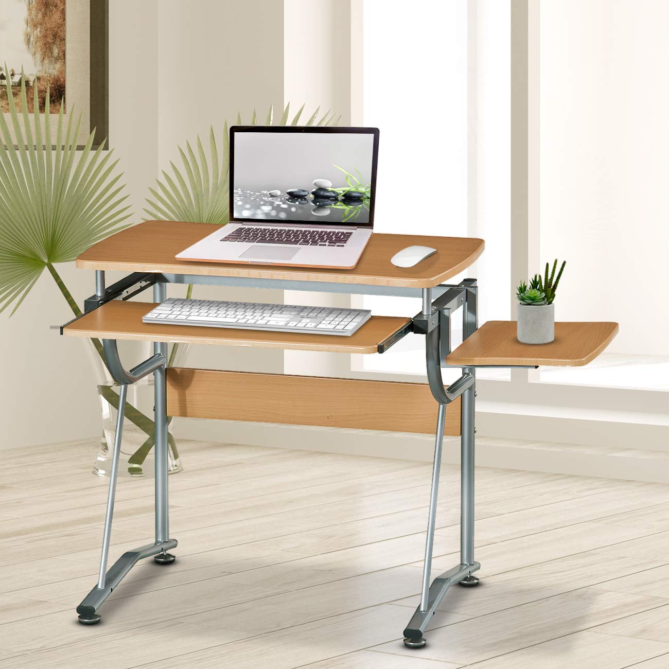 Compact Computer Desk with Side Shelf & Keyboard Tray - Cherry Wood Home Office Desk for Small Spaces, Gaming & Study
