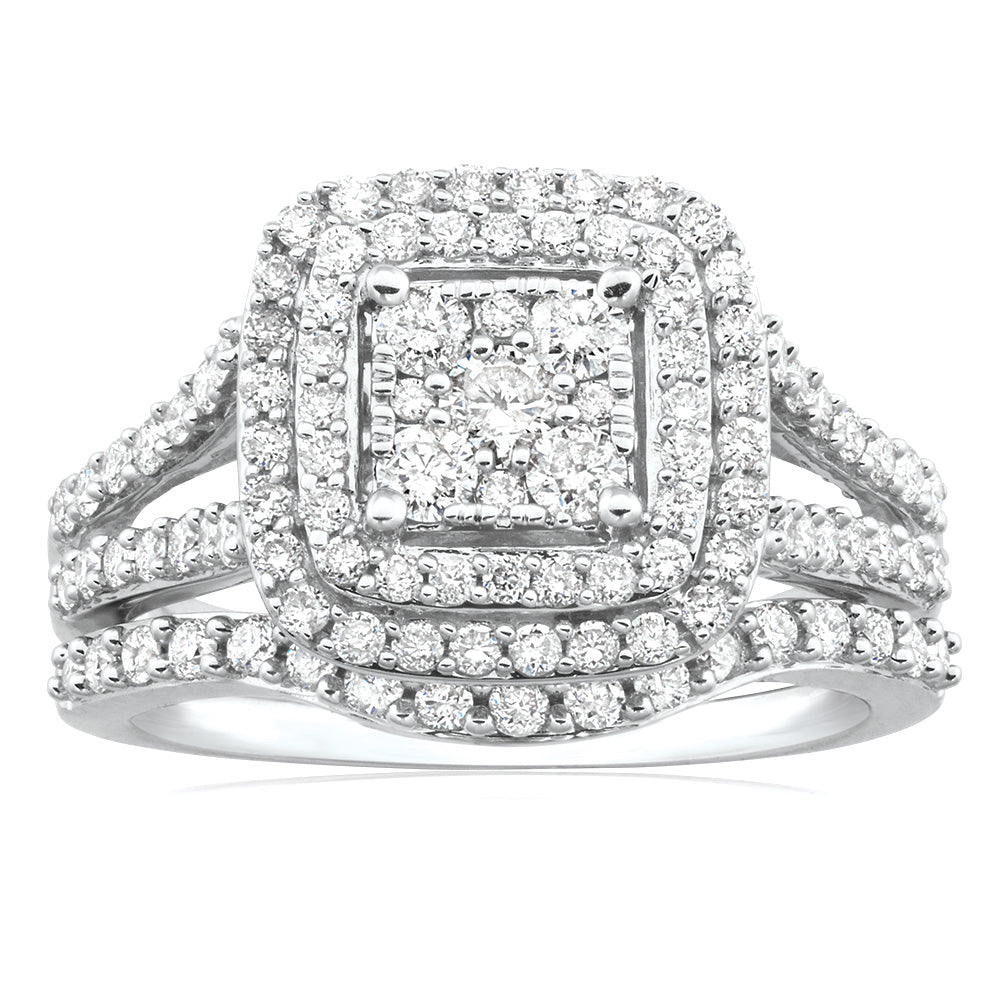 9ct White Gold 2 Ring Bridal Set With 1.2 Carats Diamonds - Elegant Wedding Ring Set for Engagement & Marriage Ceremony