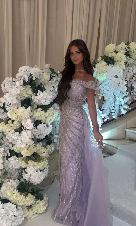 Lavender Off Shoulder Long Prom Dress with Sequin Detail - Elegant Evening Gown for Formal Events, Homecoming, Weddings & Special Occasions - Style J4959