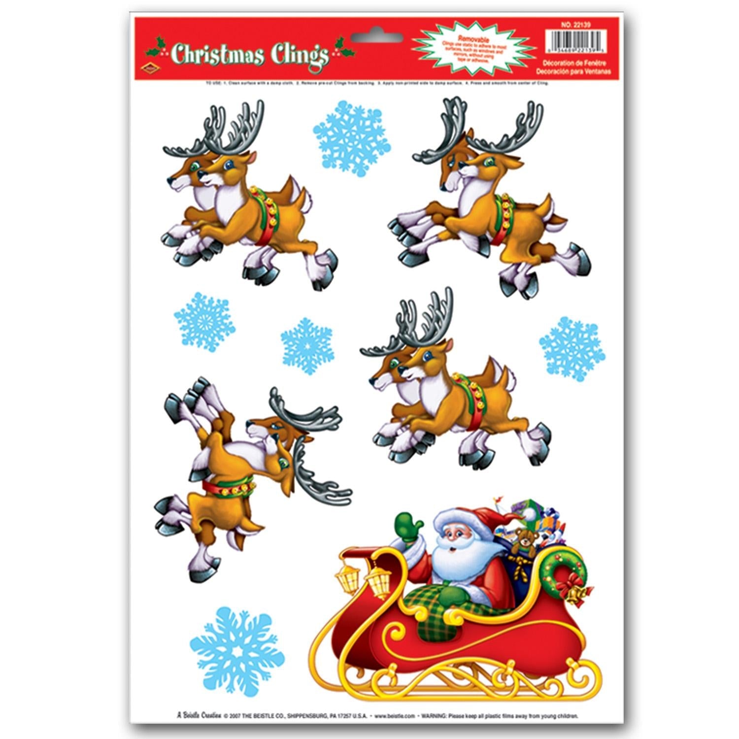 12 Pack Beistle Christmas Santa Sleigh Window Cling Stickers - Holiday Decorative Clings for Windows, Glass Doors & Mirrors - Perfect for Home, Office & Party Decorations