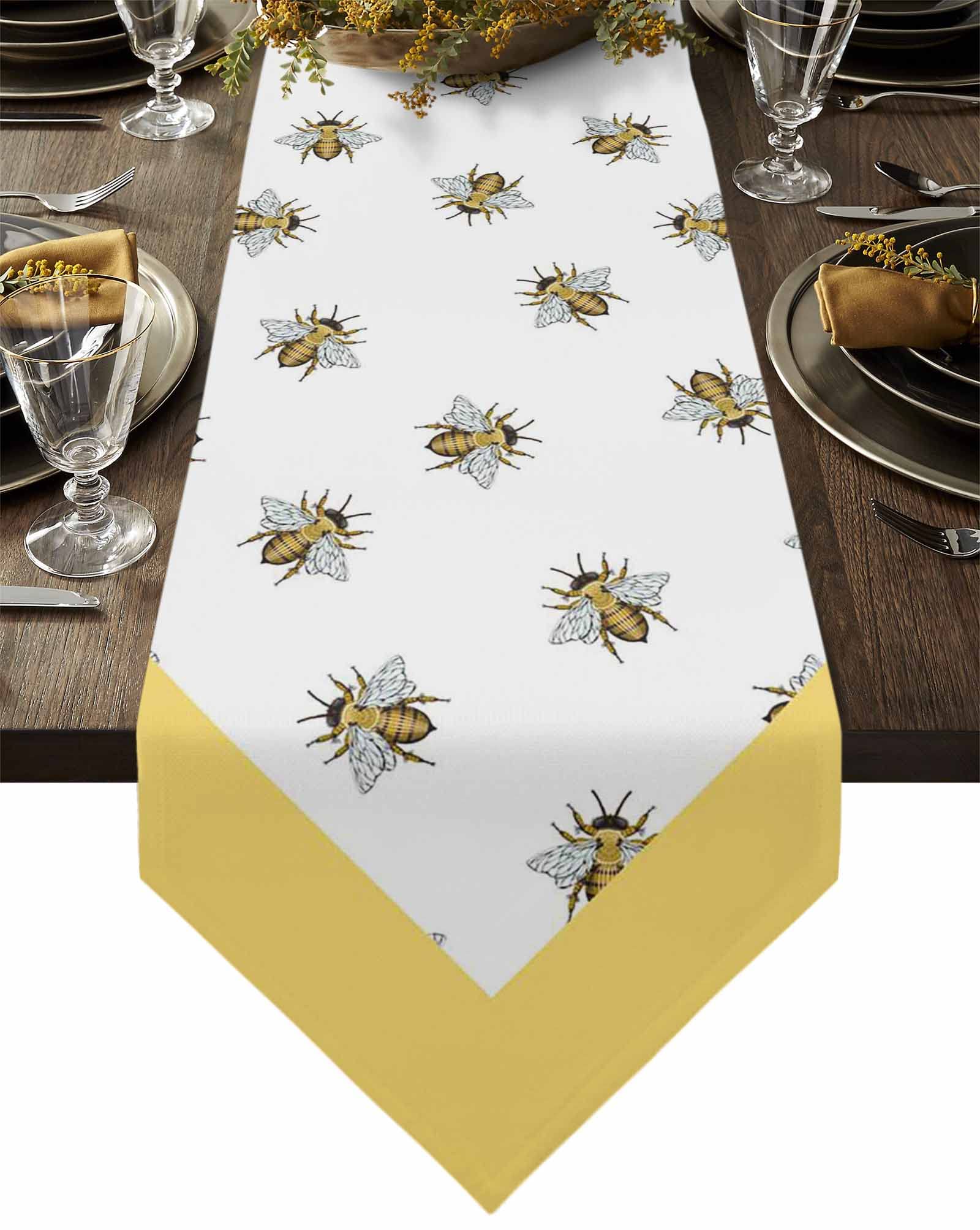 Elegant Cotton Linen Table Runner - Rustic Farmhouse Style with Bee & Animal Patterns in Yellow & White | Perfect for Family Dinners, Holiday Parties, Wedding Banquets & Special Events