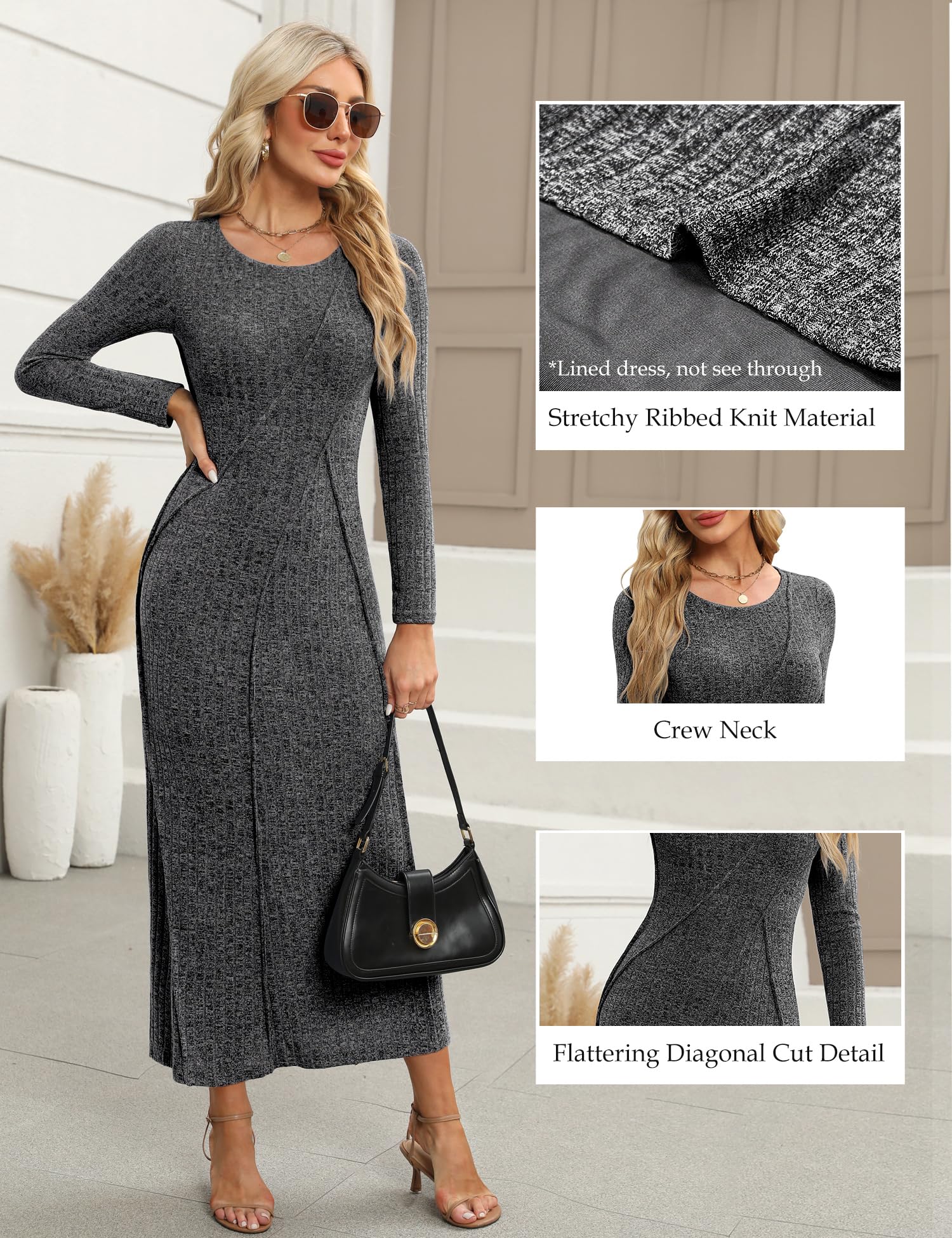 Annebouti Women's 2025 Spring Long Sleeve Ribbed Knit Sweater Maxi Dress - Elegant Crew Neck Wedding Guest Dress for Women - Perfect for Bridal Showers, Formal Events & Evening Parties