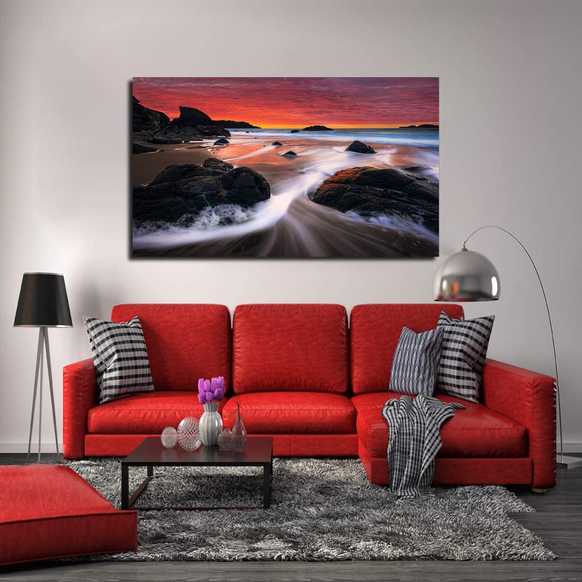 Pink Sky Beach Waves Canvas Art - Framed Sunset Painting for Wall Decor, Home Office & Bedroom - Ready to Hang | Coastal Landscape Artwork for Beach House & Living Room