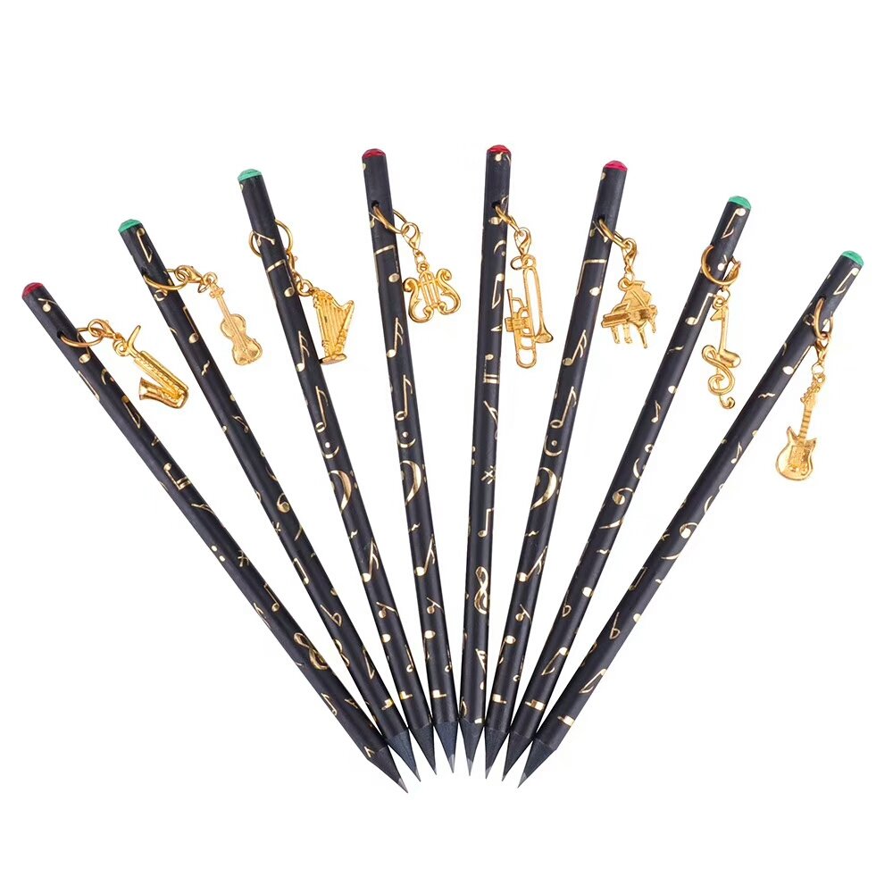 8-Pack Pre-Sharpened Artist Pencils with Music Note Design - Charcoal Drawing Pencils Featuring Diamond Top & Gold Plated Musical Instrument Pendant - Perfect for Sketching, Music Lovers, and Gift Giving