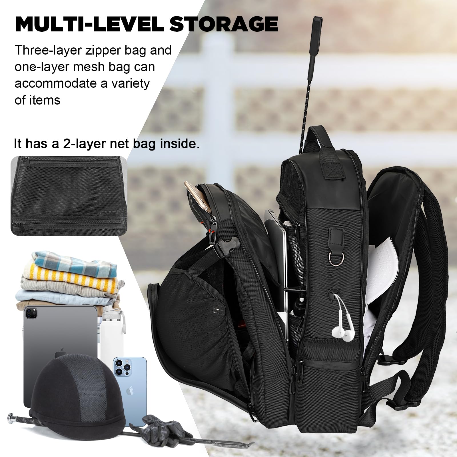 Goloni Professional Equestrian Backpack with Helmet Holder - Waterproof Horse Riding Boot Bag with Multiple Compartments for All Riding Accessories - Perfect for Horse Shows, Trail Rides & Stable Storage
