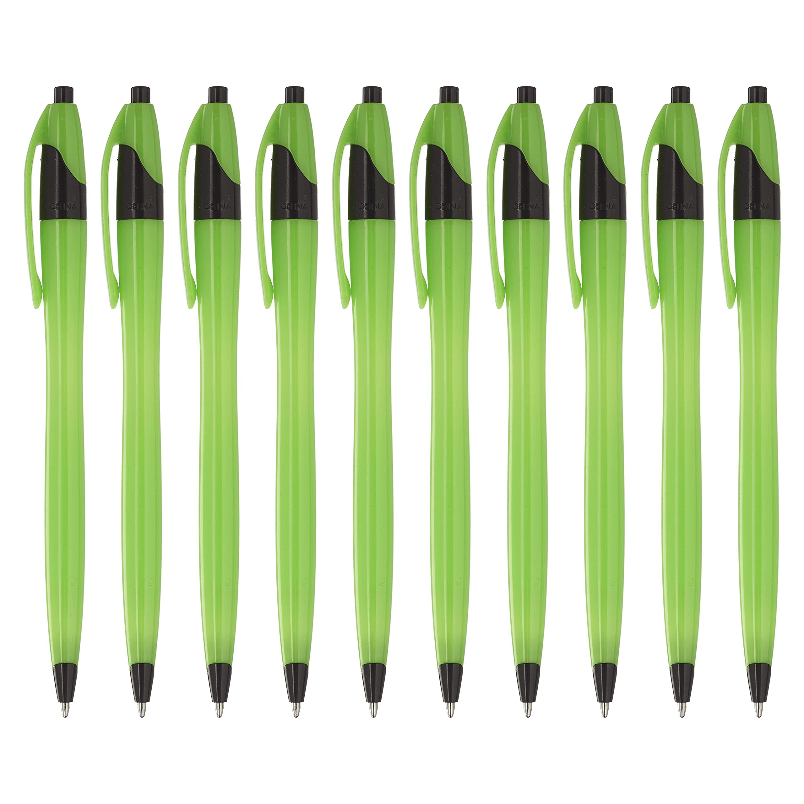 10 Pack Click Action Pens - Vibrant Lime Green Plastic Pens with Smooth Black Ink for Office, School & Note Taking - Bulk Discount Promos