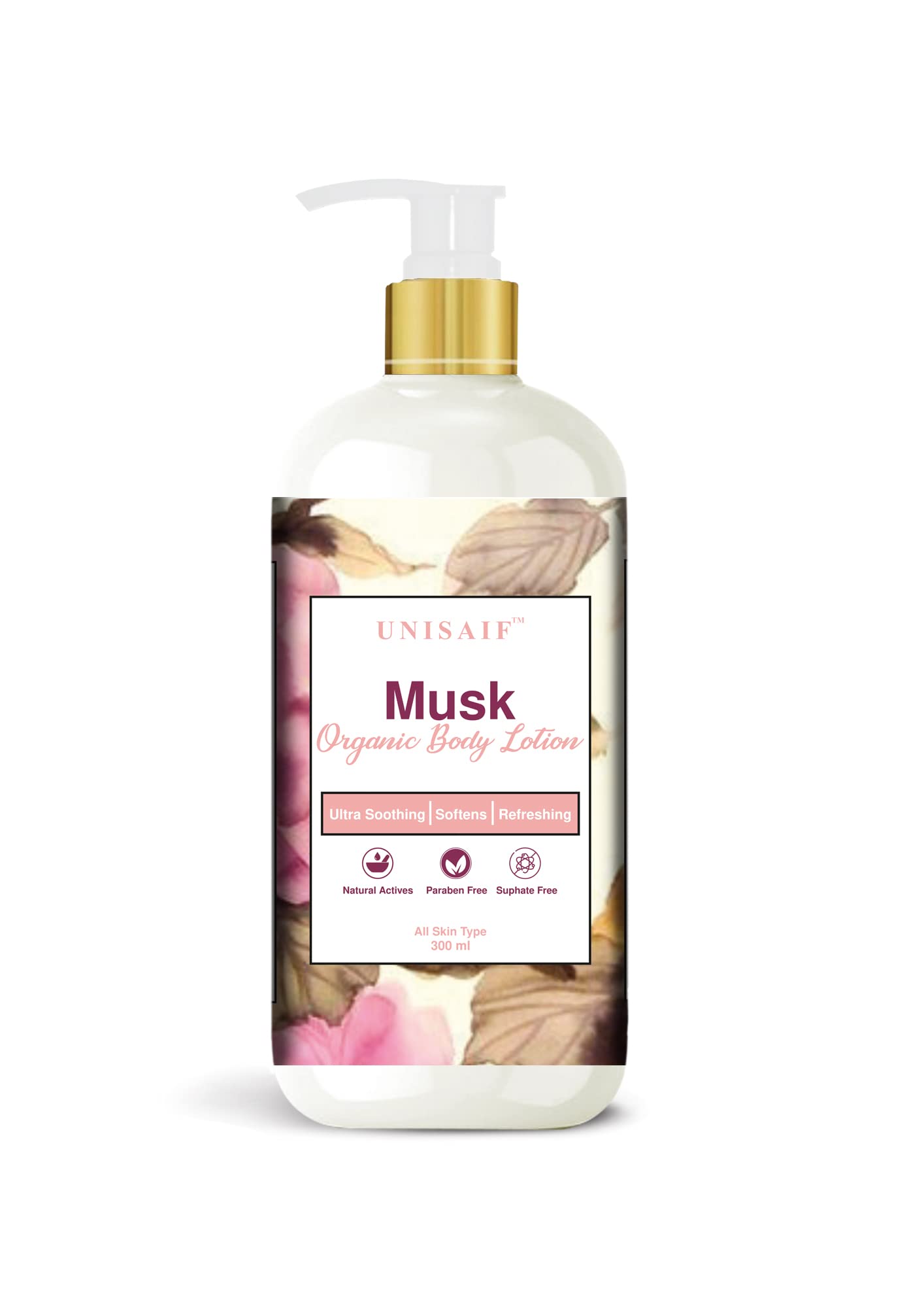 Unisaif Musk Organic Body Lotion for All Skin Types - Natural Actives, Ultra Soothing, Softening & Refreshing | Paraben Free, Sulfate Free (300ml) | Perfect for Daily Moisturizing & Relaxation After Shower or Before Bed