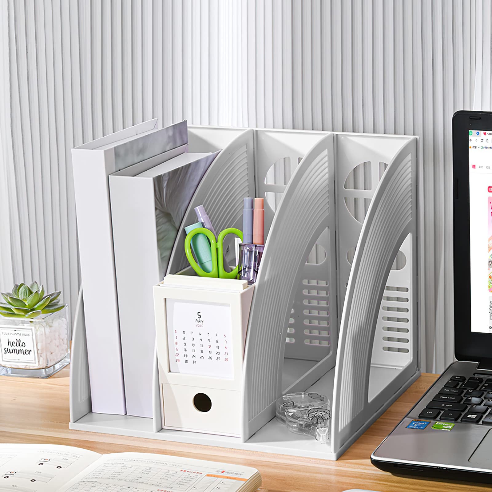 Lemical 3-Tier Open Magazine File Holder - Desk Organizer for Office & Home - Document Storage & Book Rack - Kitchen Tool Organizer (Grey) - Perfect for Workspace, Study & Kitchen Organization