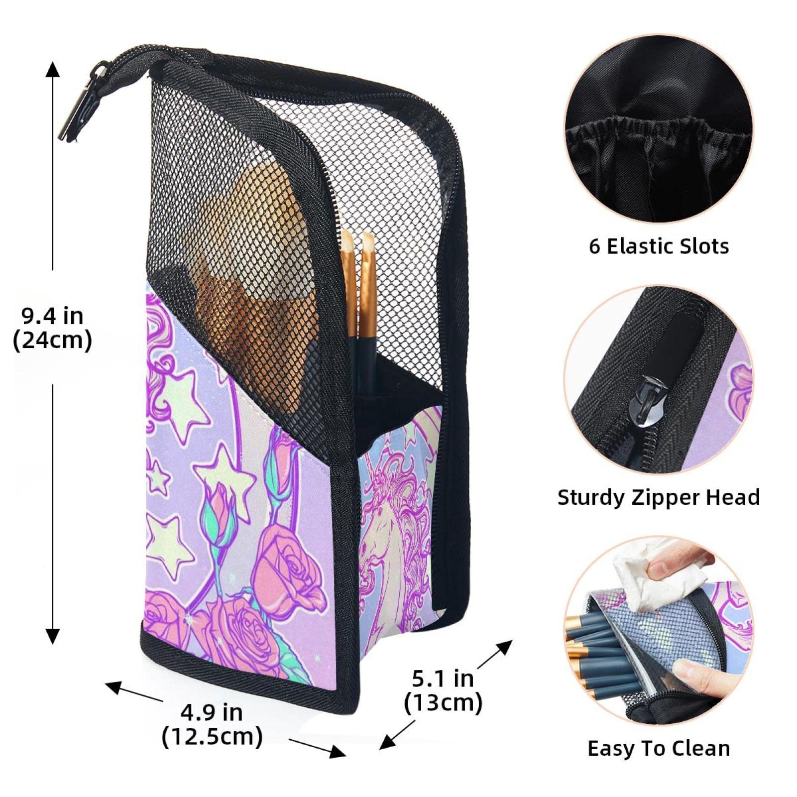 Pastel Flower Moon & Unicorn Makeup Brush Organizer Bag with 12 Brush Holder - Portable Cosmetic Brush Case for Travel, Home Vanity & Professional Makeup Artists
