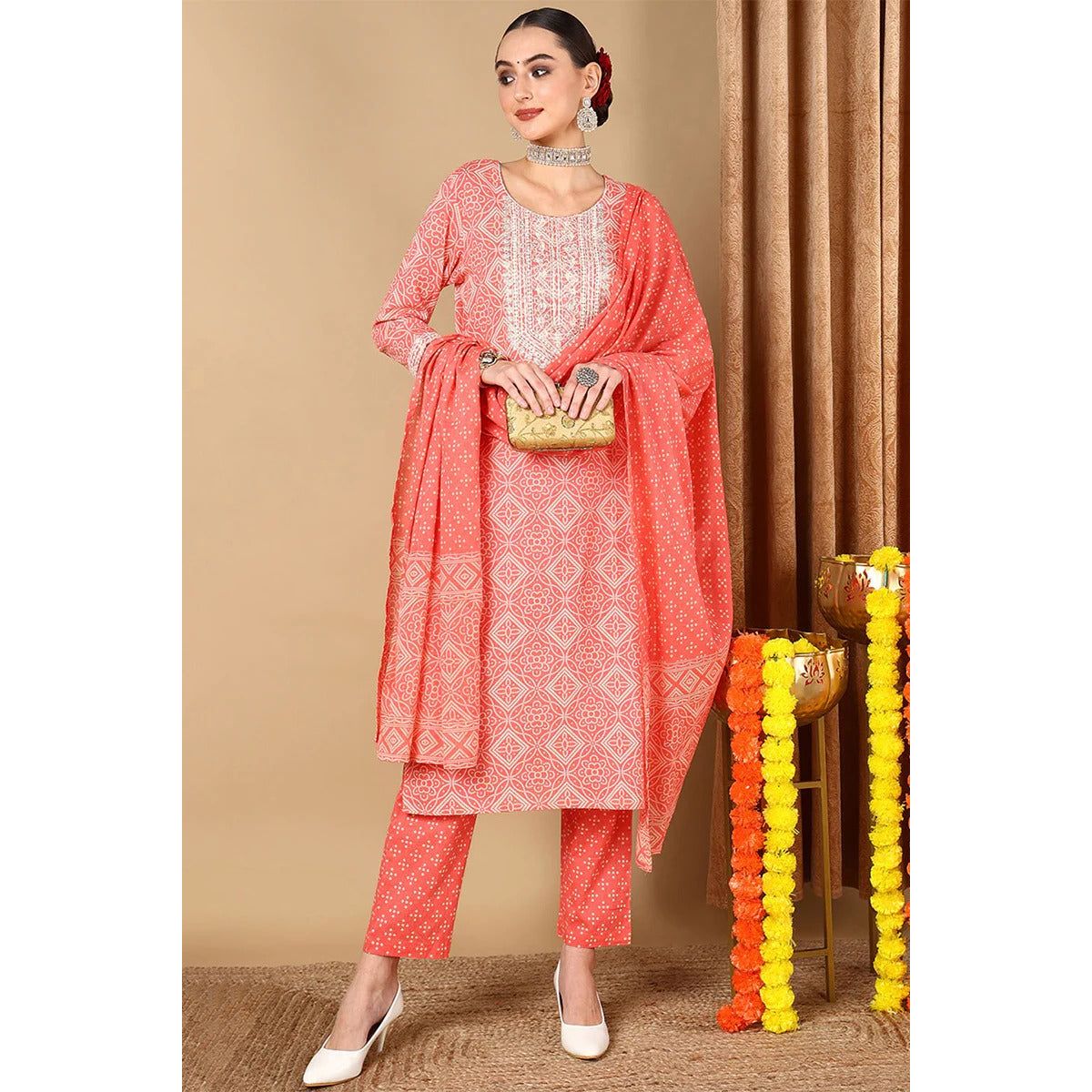 Peach Cotton Bandhani Printed Straight Suit Set for Women | Indian Ethnic Wear | Party & Wedding Outfit | Comfortable & Stylish
