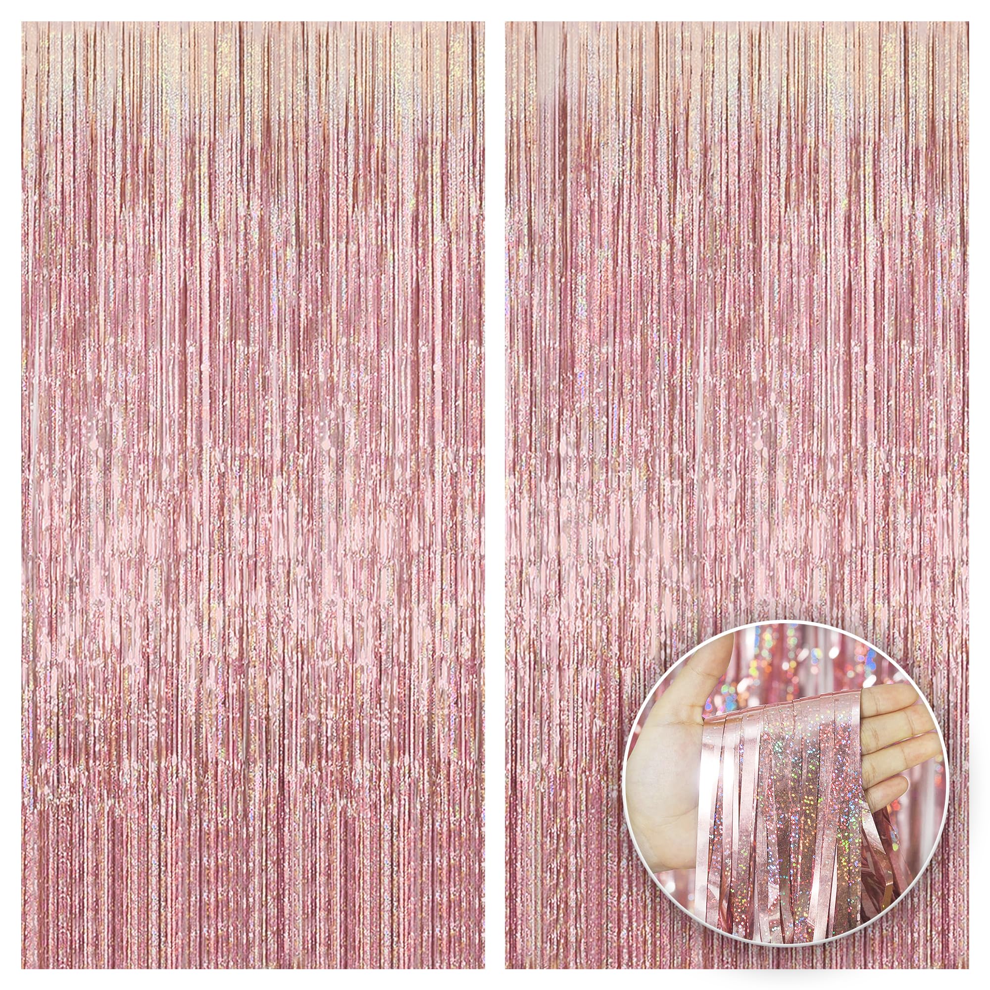 KatchOn Iridescent Rose Gold Fringe Curtain - 3.2x8 Feet, Pack of 2 | Shimmering Party Backdrop for Birthday, Bachelorette, Wedding Decor | Rose Gold Streamers & Photo Booth Background | Perfect for Home, Events, and Instagrammable Moments