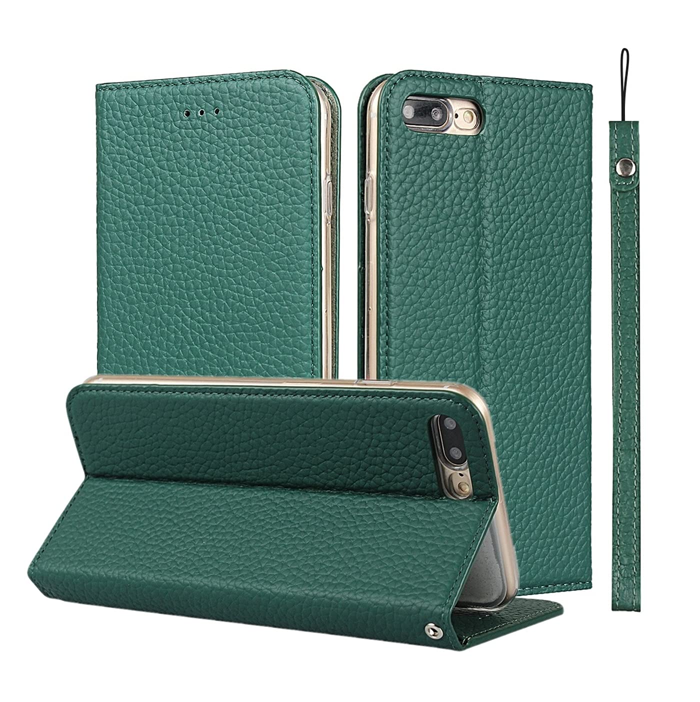 Genuine Leather iPhone 7 Plus/8 Plus Wallet Case with Magnetic Closure, Wrist Strap, Card Holder & Kickstand - Flip Cover Phone Case (Green) - Perfect for Business, Travel & Everyday Protection