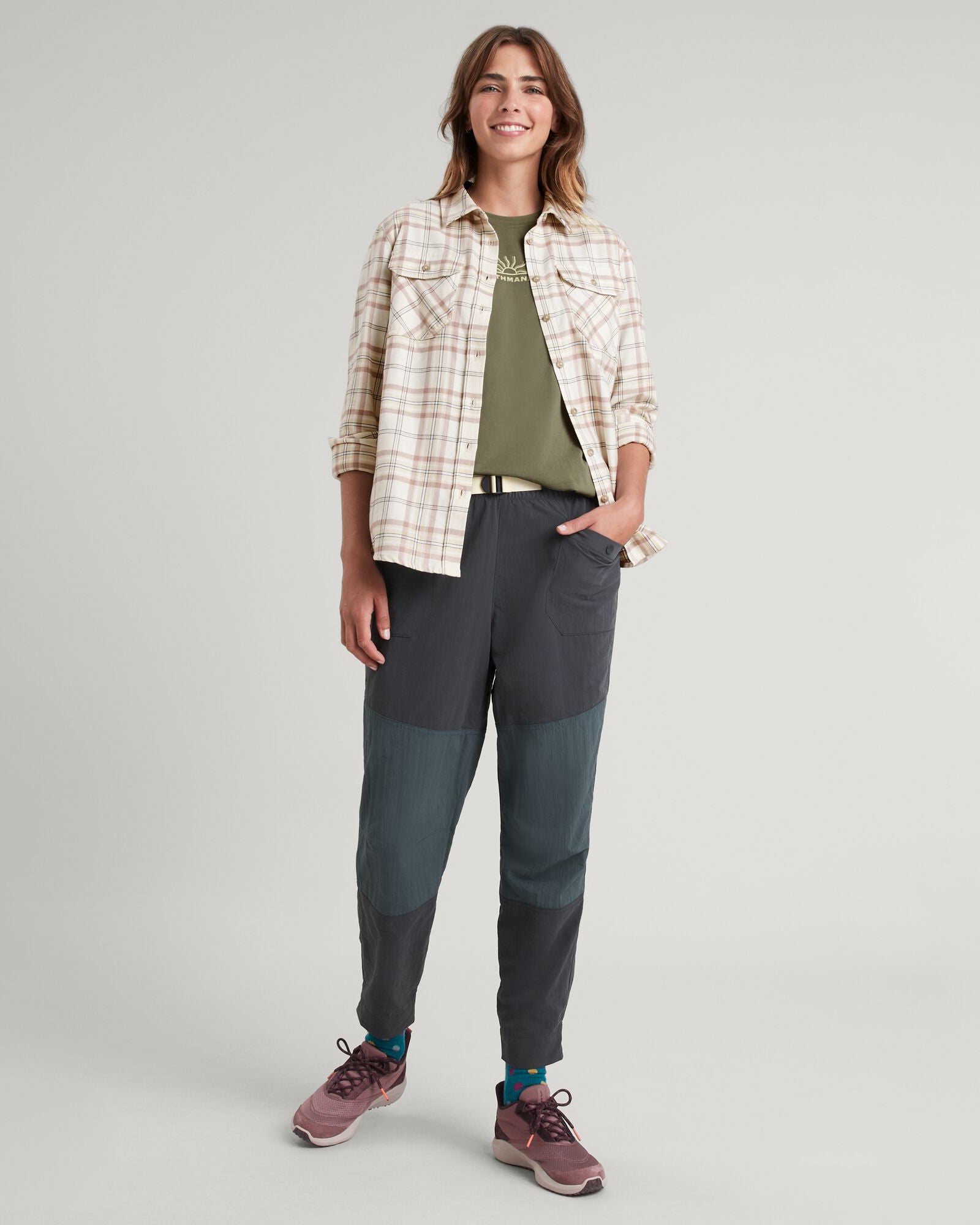 Carrillon Women's Long Sleeve Flannel Shirt - Natural & Drift Check Plaid - Soft Cotton Button Down Top for Casual Wear & Outdoor Activities