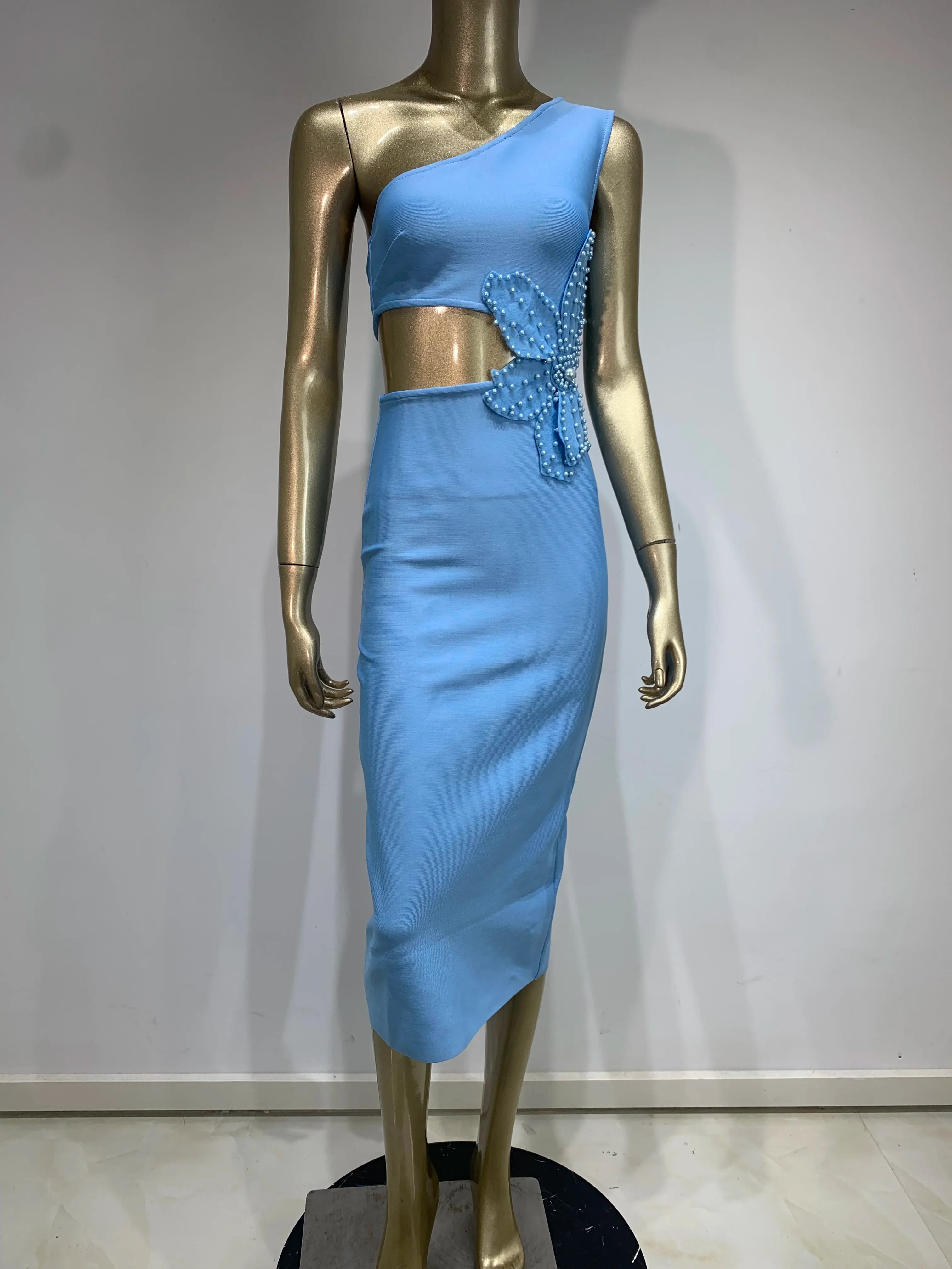 Sexy One Shoulder Bandage Dress for Women - Sky Blue Floral Midi Bodycon Dress for Evening, Club, Party & Celebrity Events | Elegant & Stylish Night Out Outfit