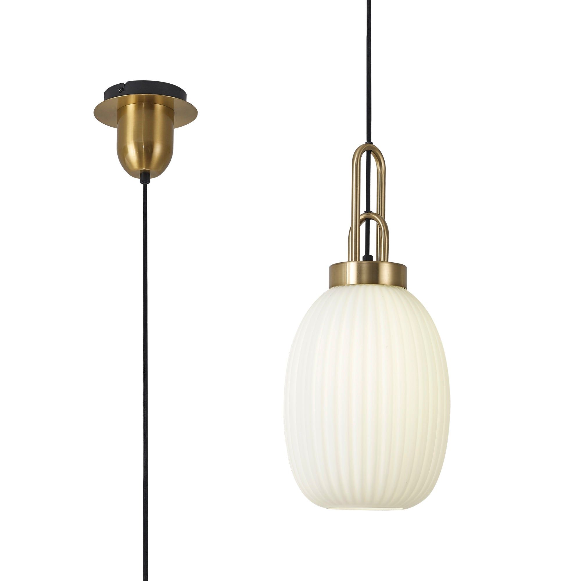 Cadiz 1-Light Pendant Light Fixture with 20cm Almond Ribbed Glass Shade, E27 Socket, IP20 Rated - Perfect for Kitchen Island, Dining Room, or Bedroom Lighting