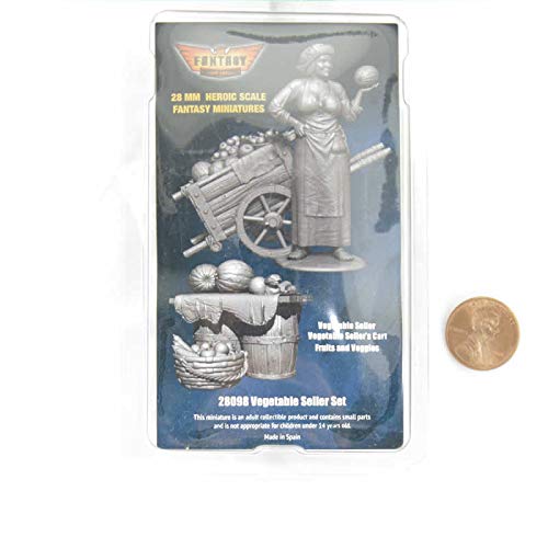 28mm Heroic Scale Unpainted Miniature - Vegetable Seller with Cart & Fruit Barrels for Tabletop RPG, Wargaming, and Diorama Scenes