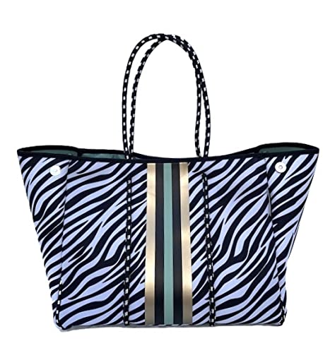 Neoprene Tote Bag for Women - Large Foldable Beach Bag, Gym & Pool Tote - Black White Zebra Stripe Design - Perfect for Travel, Swimming, Yoga & Shopping