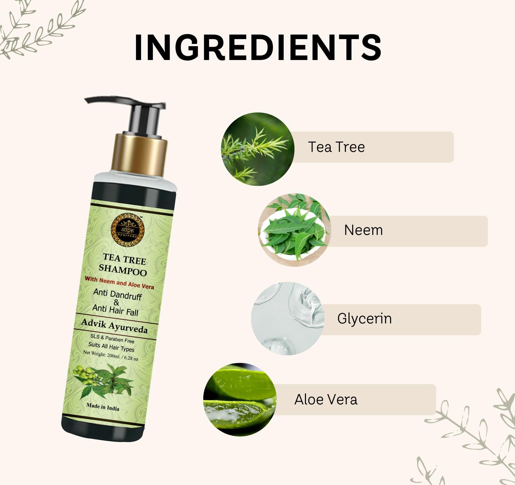 Advik Ayurveda Tea Tree Anti Dandruff Shampoo 200ml - Natural Neem, Tea Tree & Aloe Vera Formula for Scalp Care - Effective Dandruff Control for Men & Women - Perfect for Daily Use & Itchy Scalp Relief
