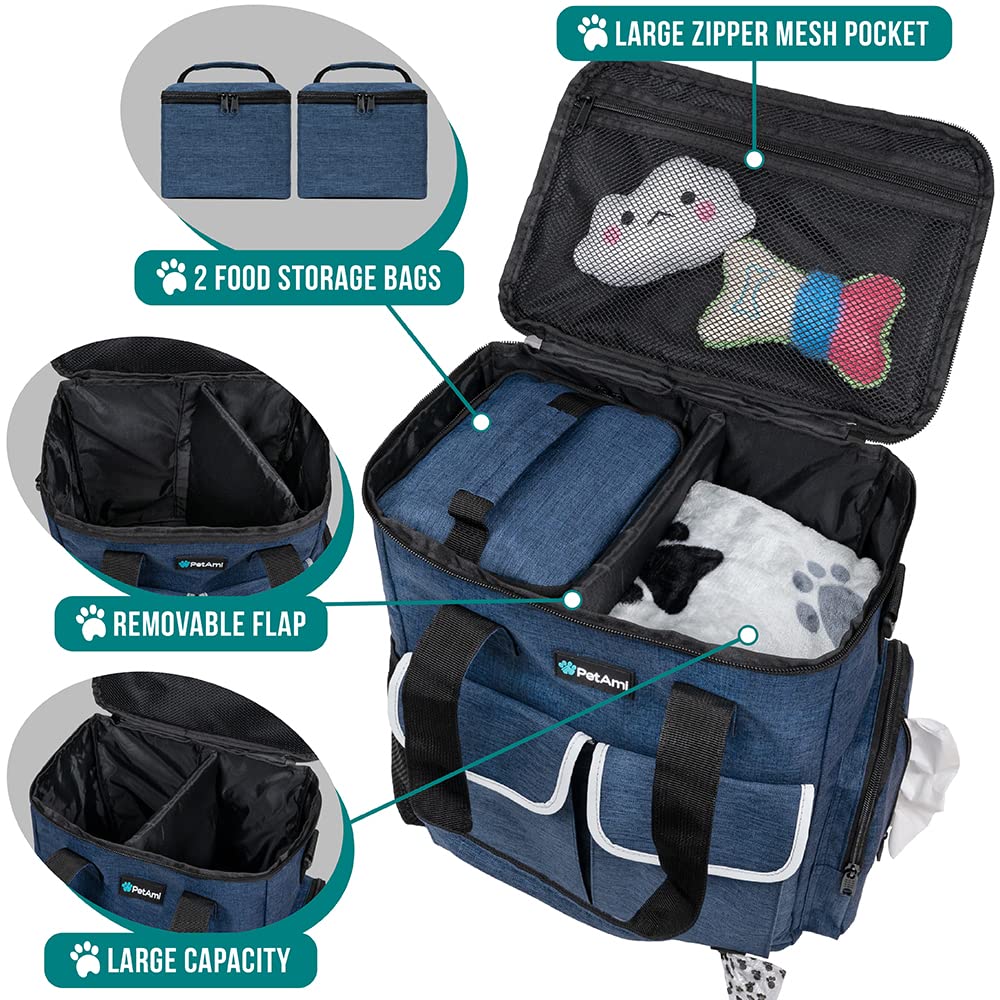 PetAmi Dog Travel Bag - Portable Pet Supplies Organizer for Dogs & Cats - Includes 2 Food Containers, 2 Collapsible Bowls & Feeding Mat - Perfect for Travel, Camping, Hiking & Weekend Trips (Navy Blue)