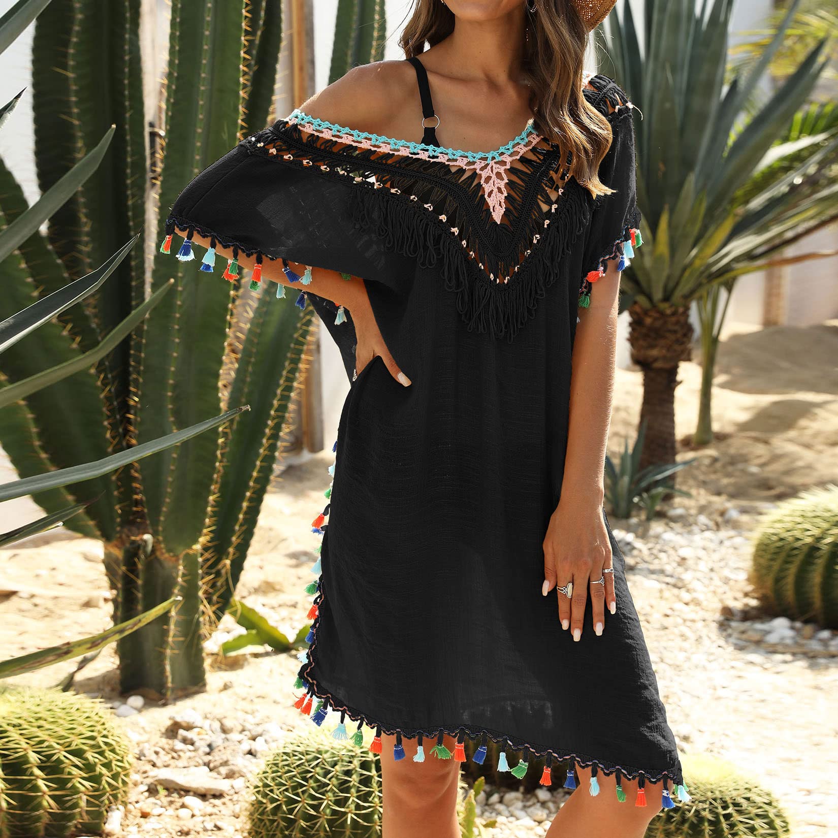 Lu's Chic Women's Beach Dress - Summer Crochet Cover Up with V Neck & Fringe Hollow Out Backless Design | Perfect for Poolside, Vacation, and Boho Fashion Outfits