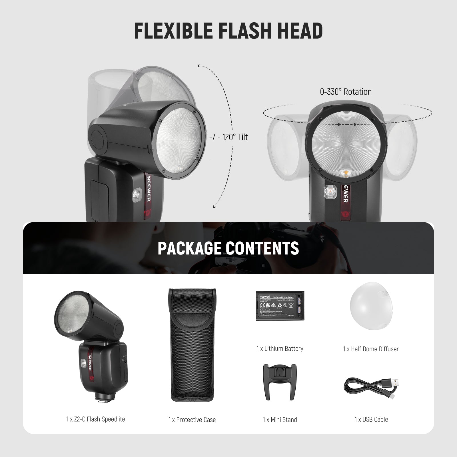NEEWER Z2 3000mAh Rechargeable TTL Round Head Flash Speedlite with Diffuser for Canon Nikon Sony DSLR Cameras - Perfect for Portrait, Wedding & Studio Photography