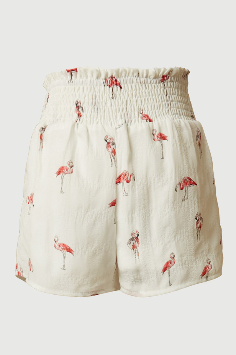Smithsonian Women's Flamingo Print Smocked Waist Shorts - Comfortable Summer Casual Shorts for Beach, Vacation & Outdoor Activities