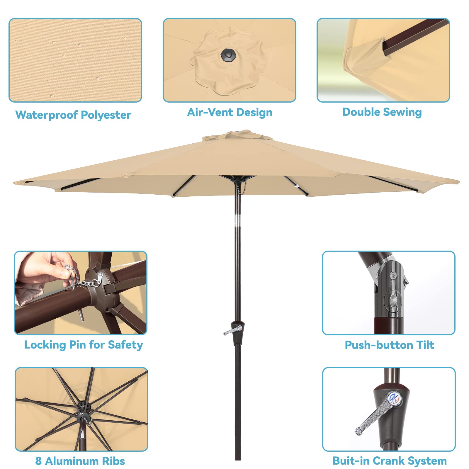 9FT Outdoor Patio Umbrella with Tilt & Crank Lift - Beige Market Umbrella for Garden, Poolside, Backyard, Restaurant (Sun Shade for Outdoor Dining, Lounging)