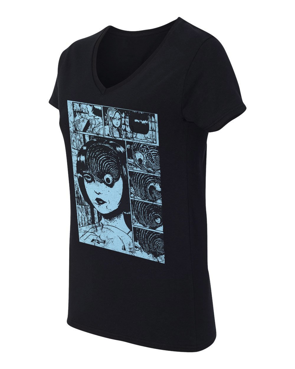 RIVEBELLA Women's V-Neck T-Shirt - Uzuma Junji Manga Series Novelty Graphic Tee | Anime Fashion for Casual Wear, Cosplay & Otaku Outfits
