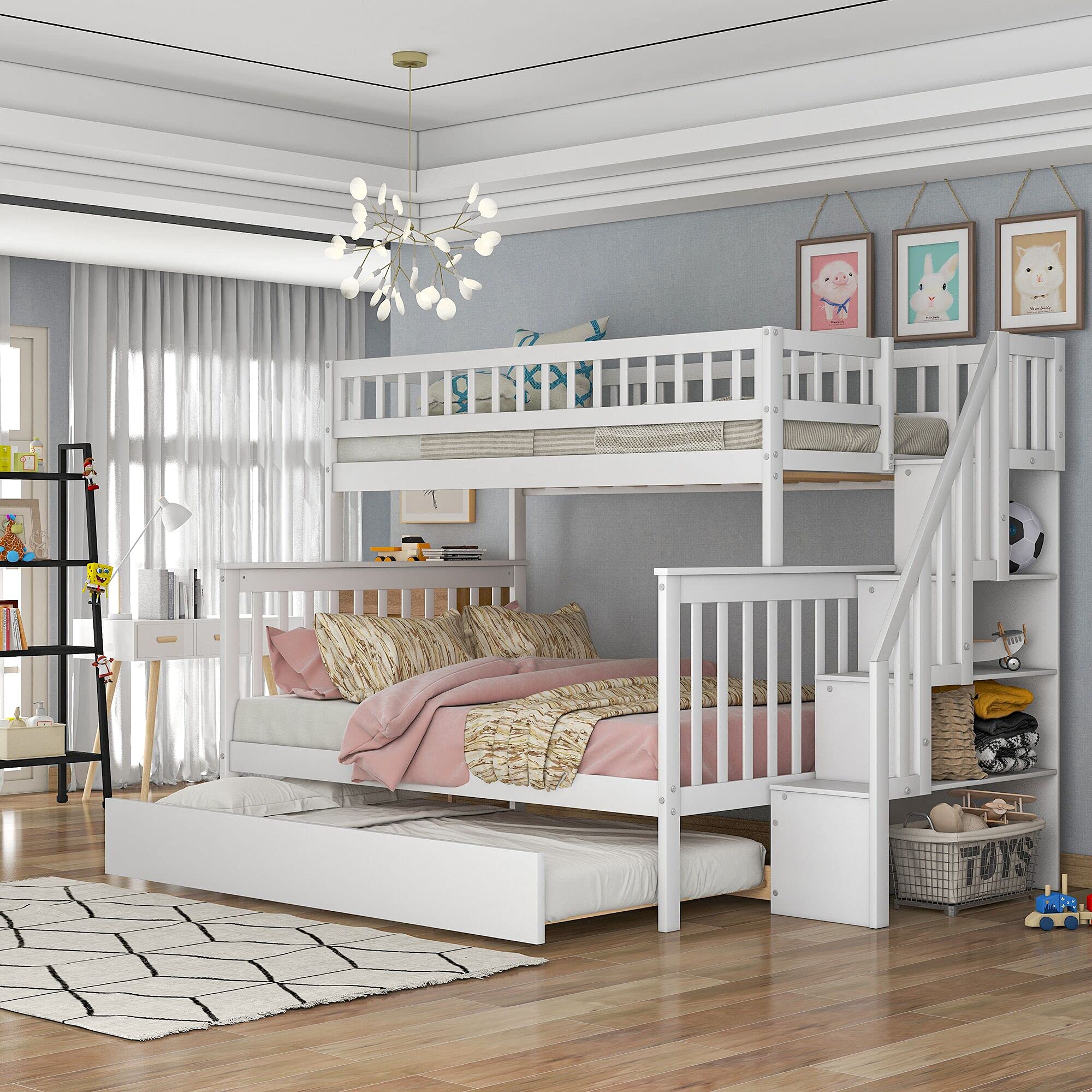 Harper & Bright Designs Twin Over Full Bunk Bed with Trundle, Stairs & Storage - Solid Wood Kids Bunk Bed with Full-Length Safety Rails - Space-Saving Solution for Small Rooms, Sleepovers & Guest Bedrooms (White)