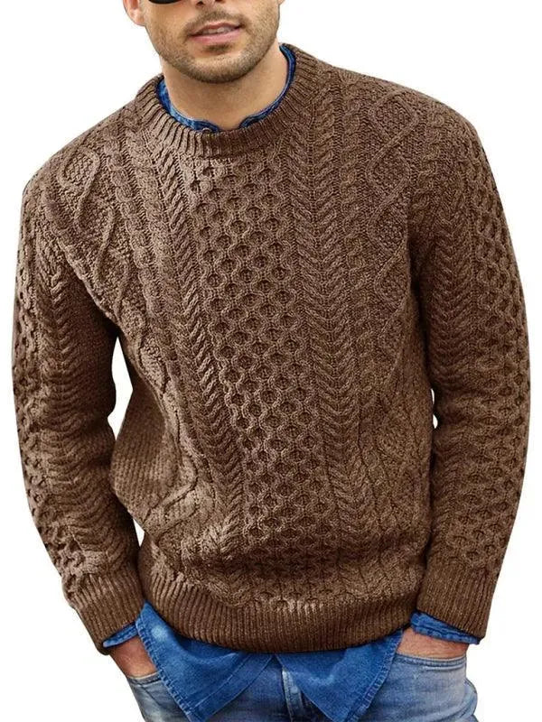 Men's Knitted Cable Pullover Sweater - Soft Round Neck Winter Sweater for Casual Wear & Outdoor Activities