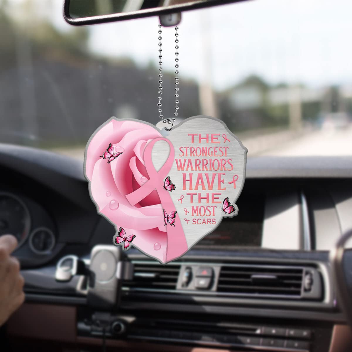 Breast Cancer Heart - Strongest Warriors Car Hanging Ornament | 2-Sided Printed Car Decor for Breast Cancer Supporters | Motivational Rear View Mirror Accessory for Survivors & Caregivers - Perfect for Awareness Events, Daily Commutes & Gift Giving