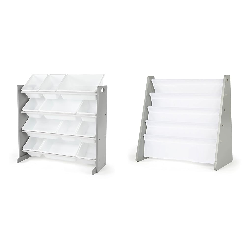 Humble Crew Kids Toy Organizer & Book Rack Storage Bookshelf - Grey/White Toddler Furniture for Nursery, Playroom & Bedroom Organization
