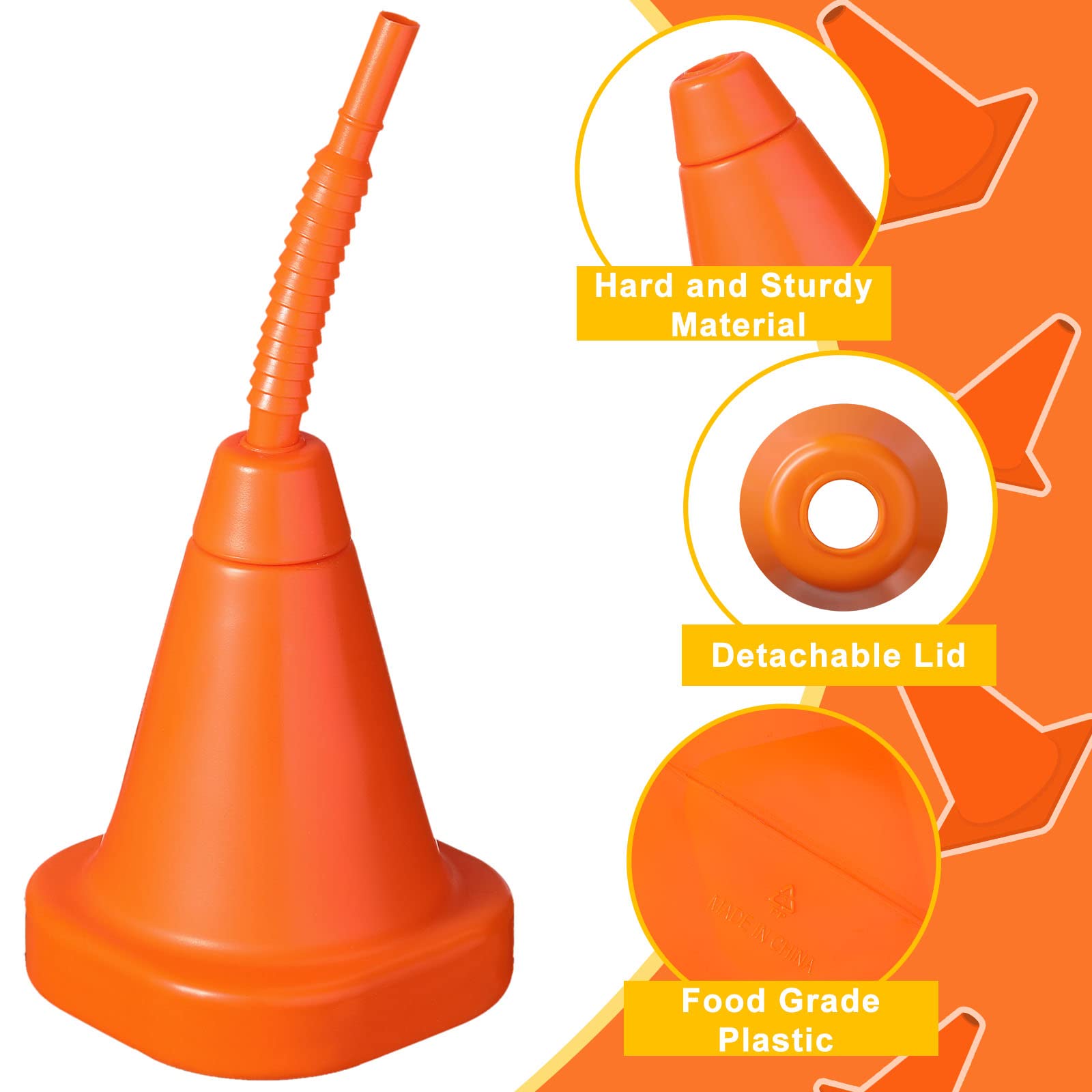 Gerrii Reusable Plastic Race Car Party Cups with Straws - 10 oz Construction Cone Shaped Cups for Kids Birthday Party, Baby Shower & Sports Events (24-Piece Set, Orange) - Perfect for Race Car Themed Parties, Construction Birthday Decorations & Sports Day Celebrations