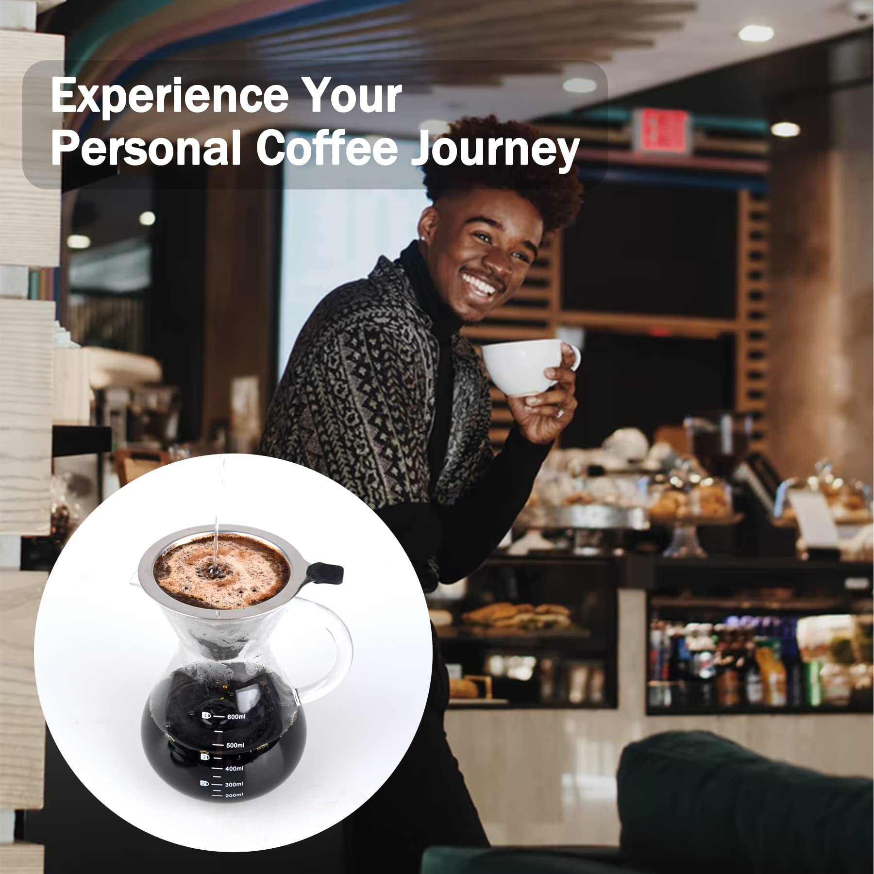 Premium T-mark Pour Over Coffee Maker with Reusable Stainless Steel Filter - 600ml BPA-Free Glass Carafe - Ideal for Home, Office & Camping Brewing