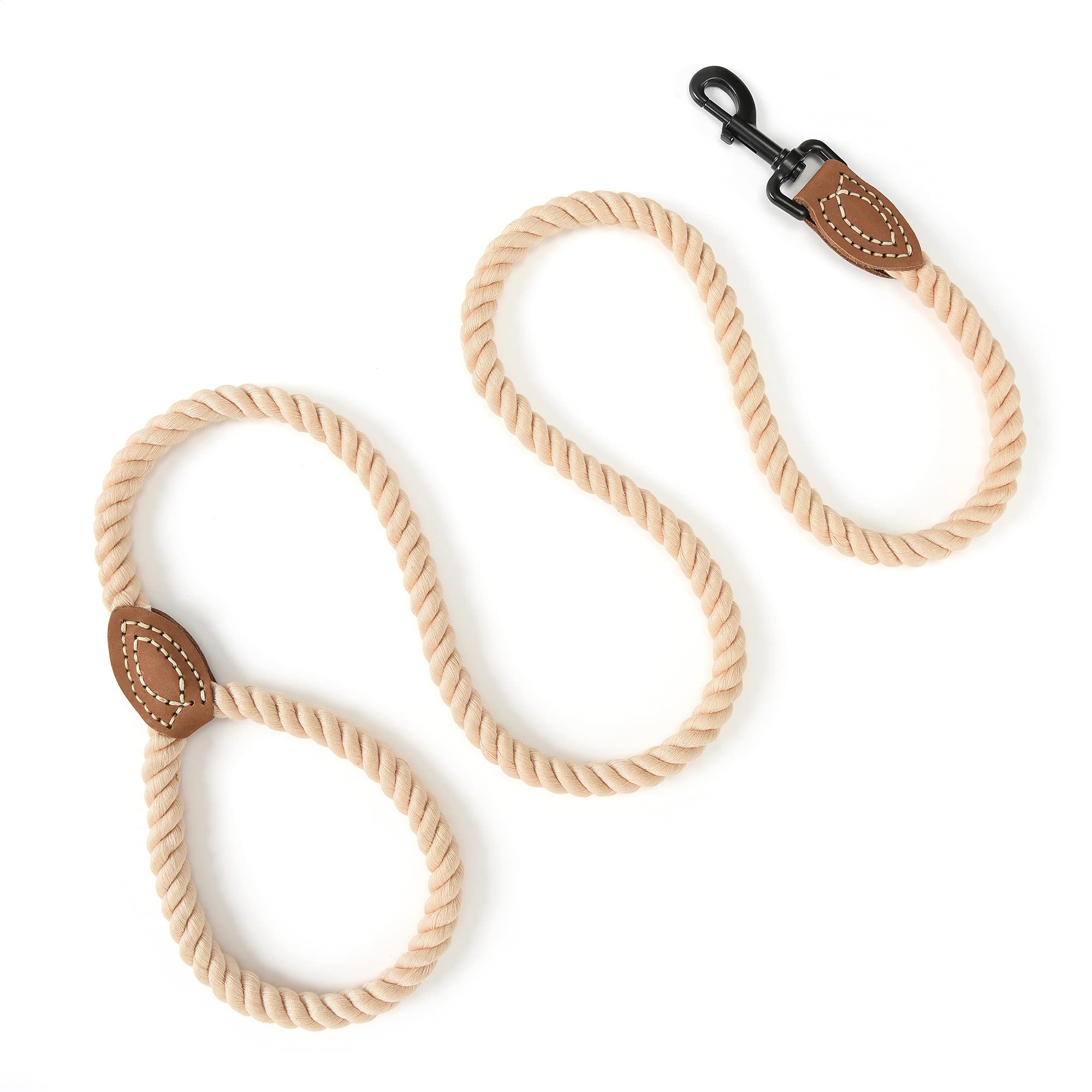 Premium Braided Cotton Dog Leash with Leather Tip - 6ft Heavy Duty Rope Leash with Metal Clasp for Medium & Large Dogs - Perfect for Weddings, Hiking & Daily Walks (Light Brown, 72 Inches)