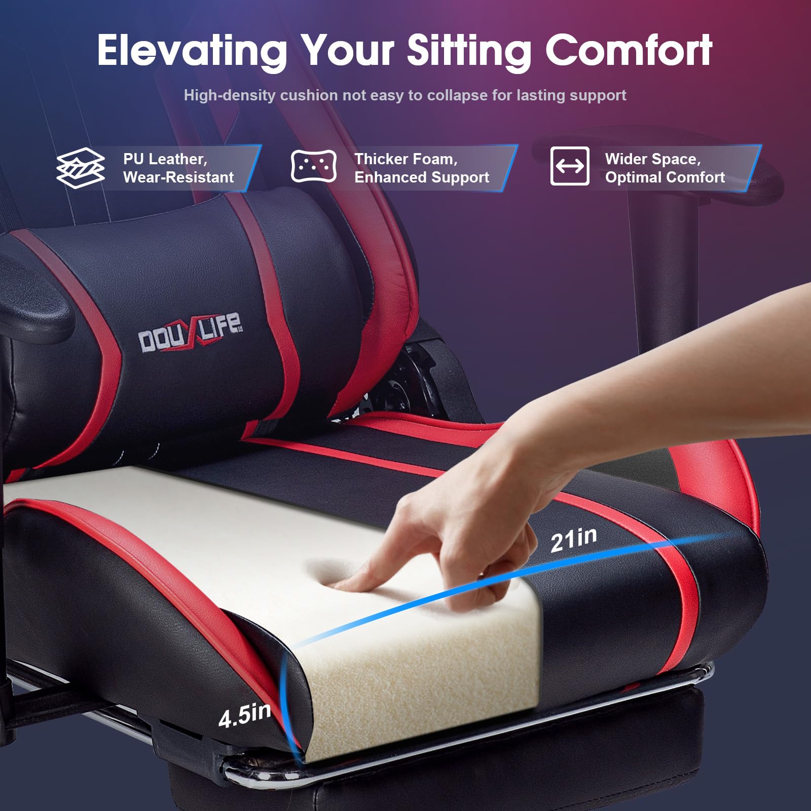 7-Point Massage Gaming Chair with Footrest - 175° Reclining Ergonomic Office Computer Chair, High Back Video Game Chair with Lumbar Support (Red) - Perfect for Home Office, Gaming Setup & Relaxation