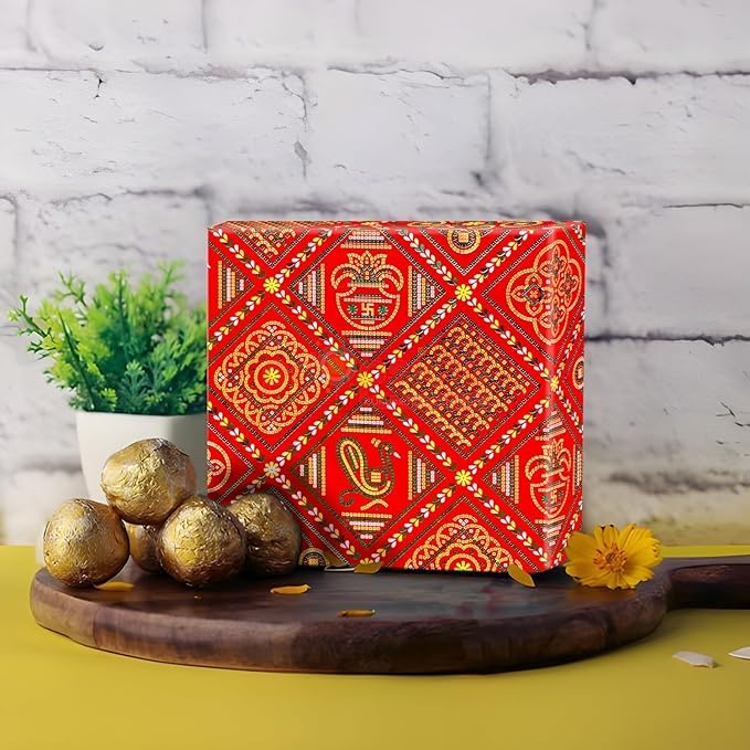Premium Jaipuri Chunri Design Gift Wrapping Paper Roll - 10 Sheets for Pooja, Rangoli & Diya Decoration | Perfect for Indian Festivals, Wedding Gifts & Home Decor