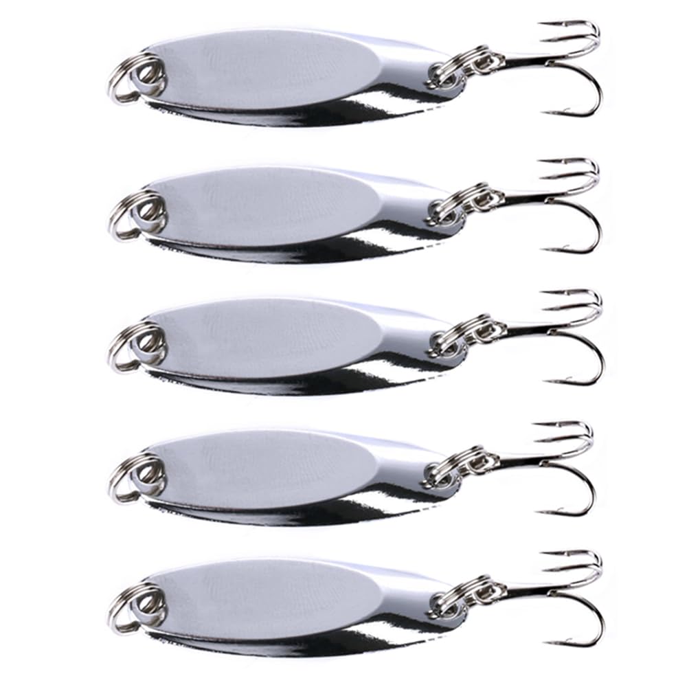 5-Pack Metal Fishing Spoon Lures with Treble Hooks - Saltwater & Freshwater Bass Trout Fishing Gear - Perfect for Lake, River, and Ocean Fishing Adventures
