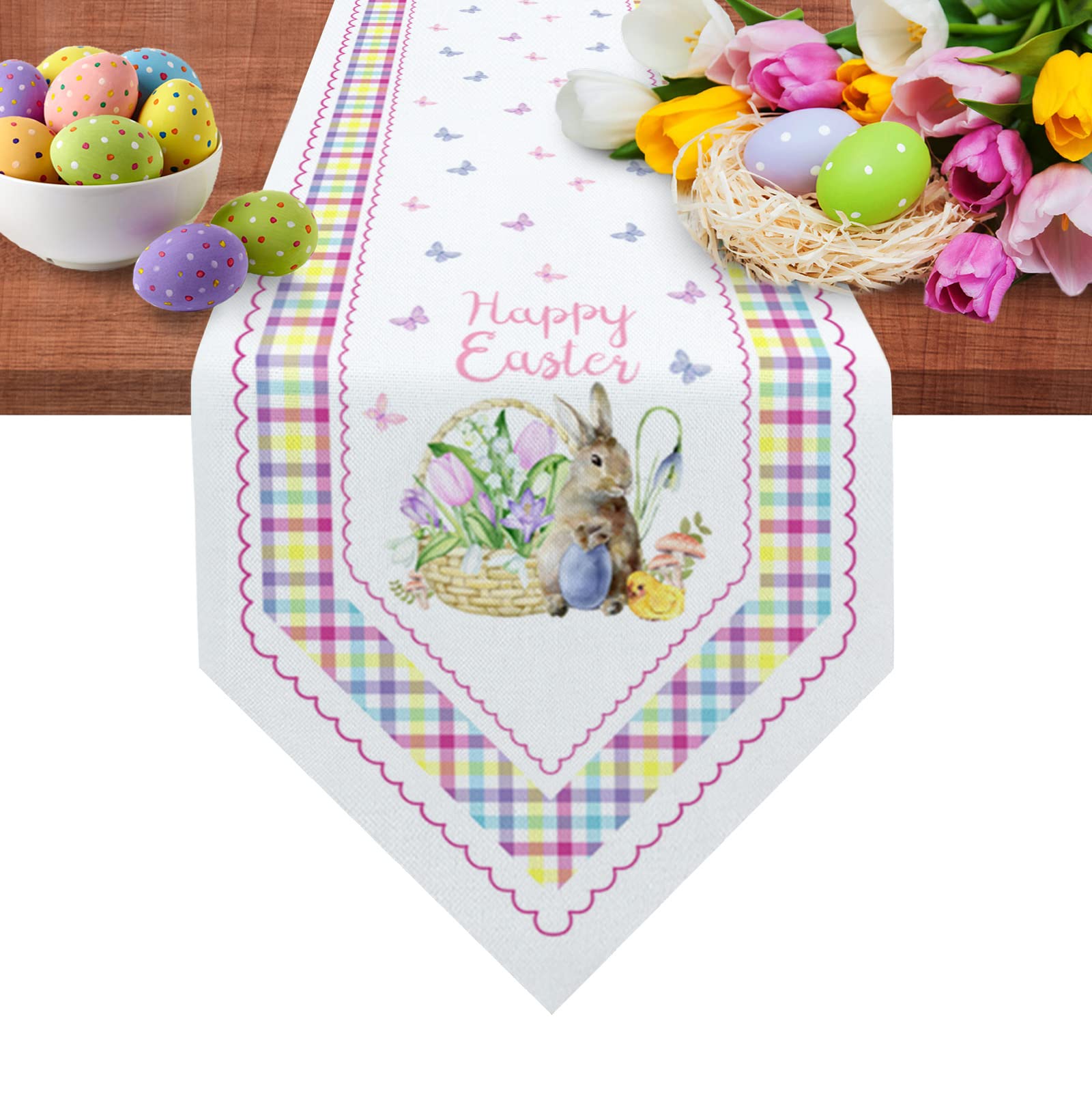 Easter Table Runner - Bunny Eggs Floral Buffalo Plaid Check Decorative Table Scarf for Spring Dinner Party | 13x120 Inch | Perfect for Easter Decorations, Kitchen Dining Room & Holiday Home Decor