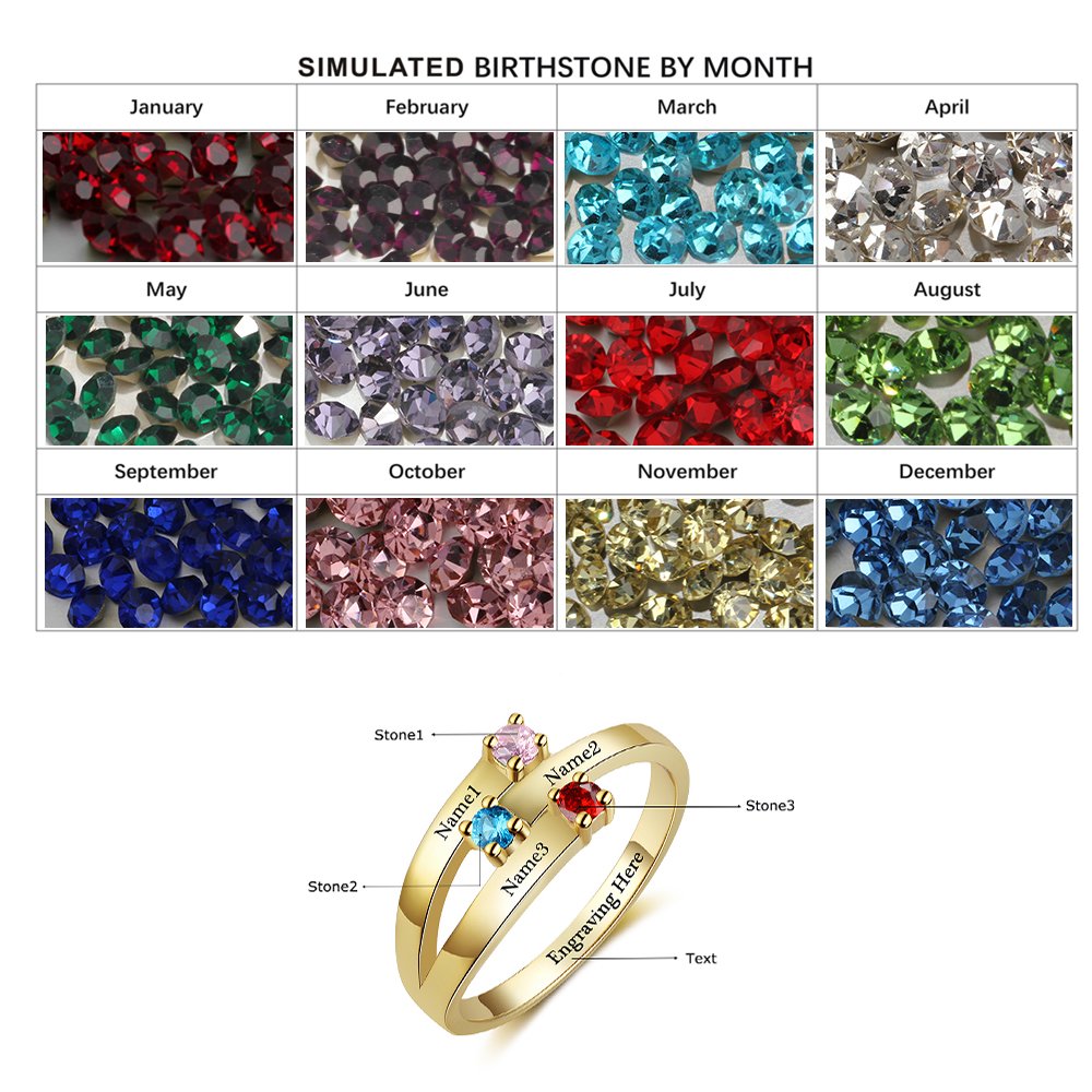 Personalized Women's Rings with 3 Simulated Birthstones & Custom Name Engraving - Mother's Rings, Promise Rings for Her - Perfect Gift for Anniversary, Birthday & Mother's Day