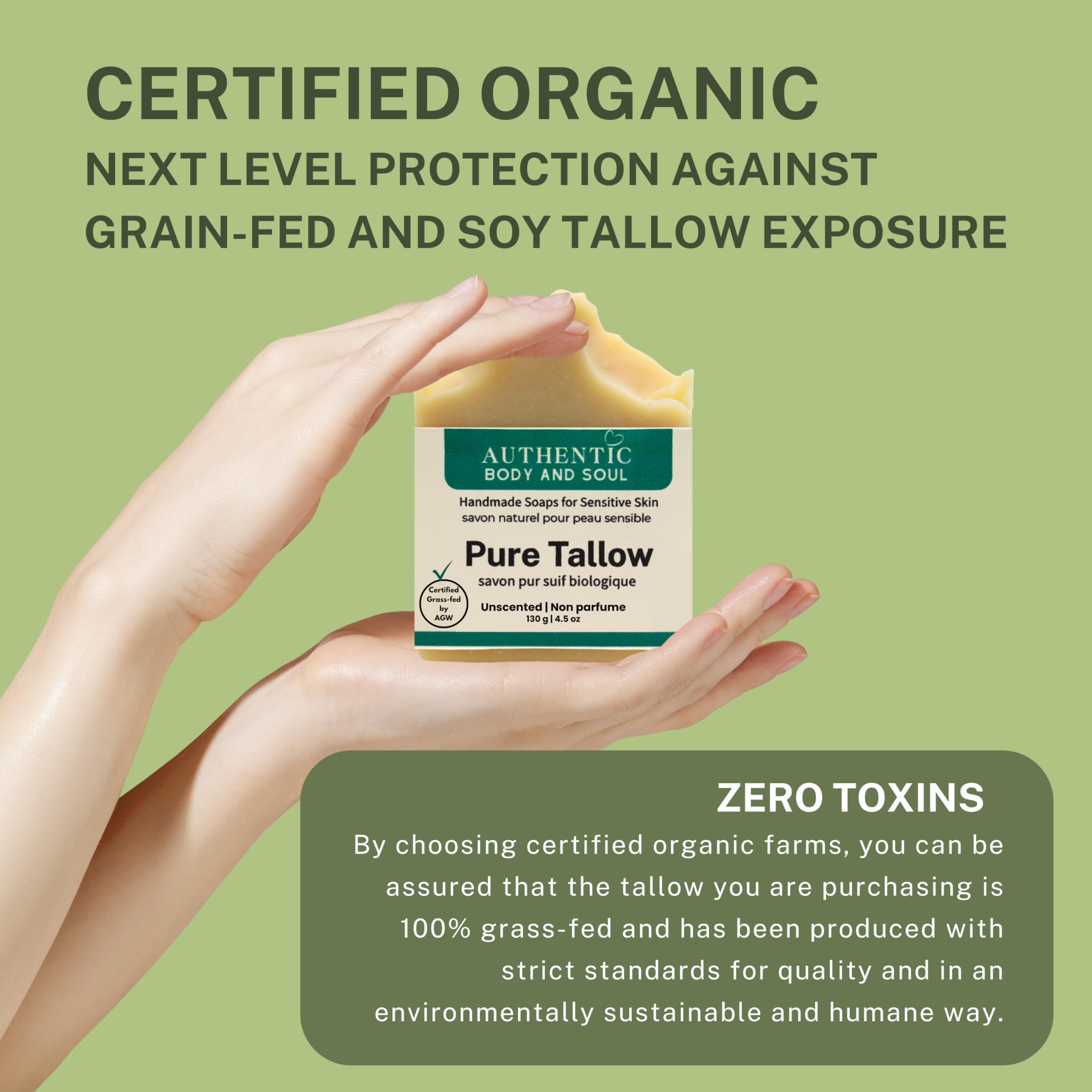 Organic Grass-Fed Beef Tallow Soap for Sensitive Skin - Unscented, Fragrance Free, 130g Each (Pack of 2) - Certified by AGW | Gentle Cleansing Bar for Face & Body, Ideal for Dry Skin, Eczema & Natural Skincare Routines